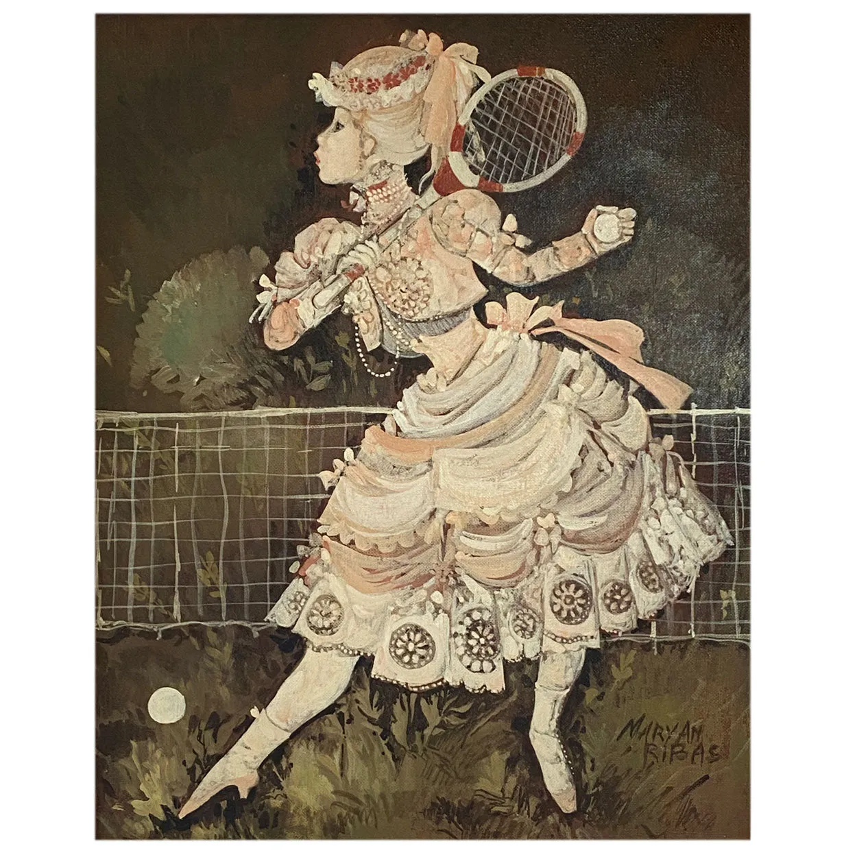 MARYAN RIBAS Oil on Canvas Painting, Victorian Girl Playing Tennis