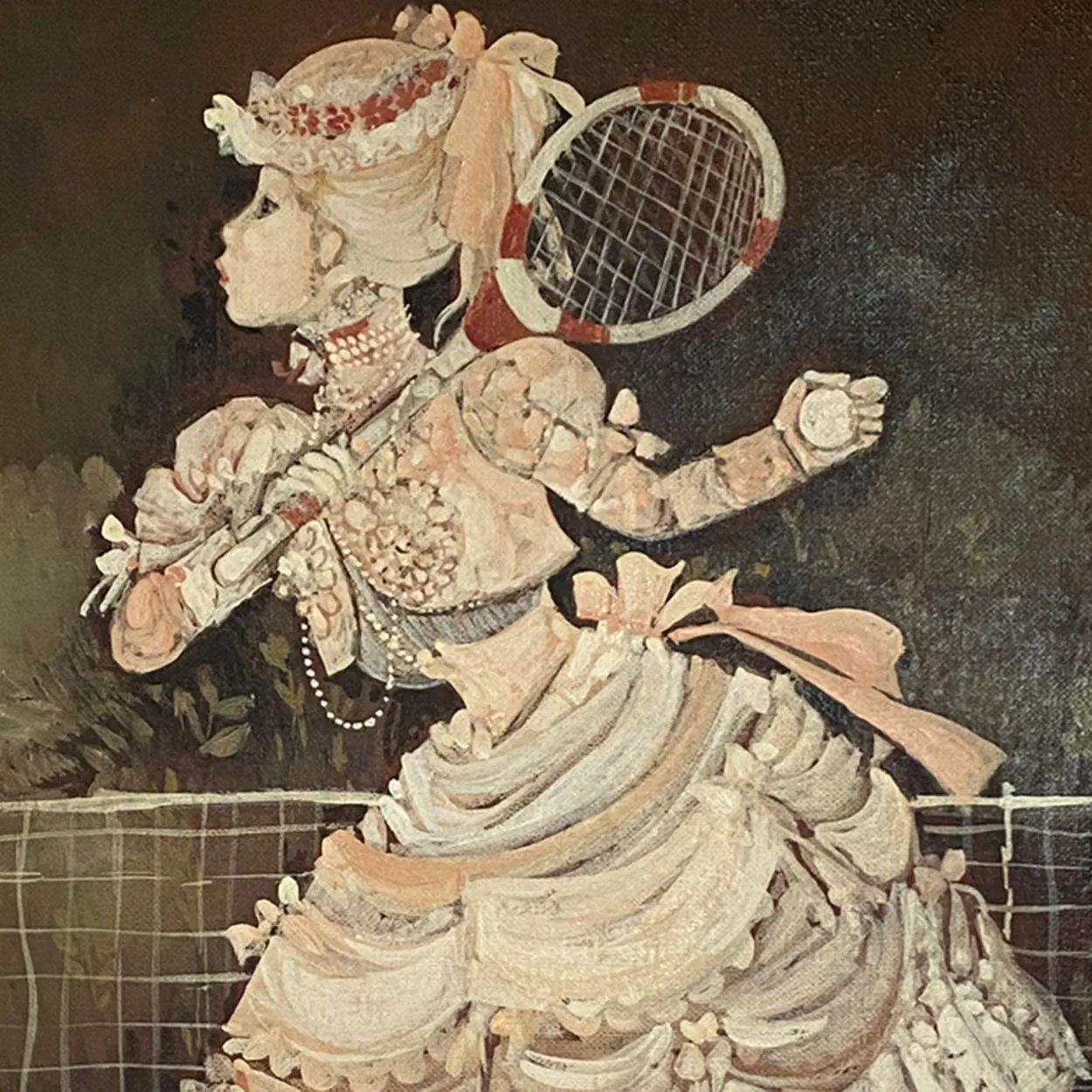 MARYAN RIBAS Oil on Canvas Painting, Victorian Girl Playing Tennis