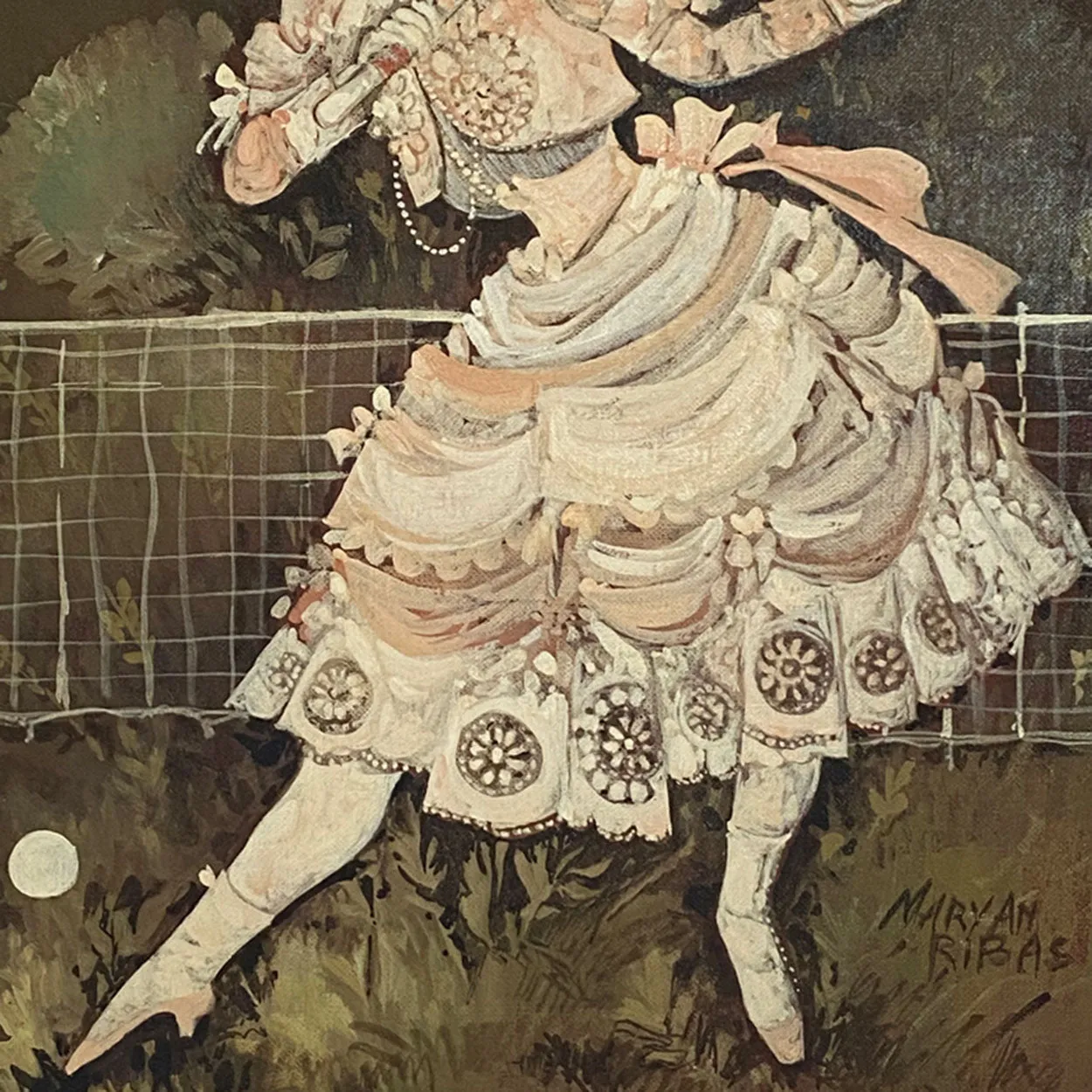 MARYAN RIBAS Oil on Canvas Painting, Victorian Girl Playing Tennis