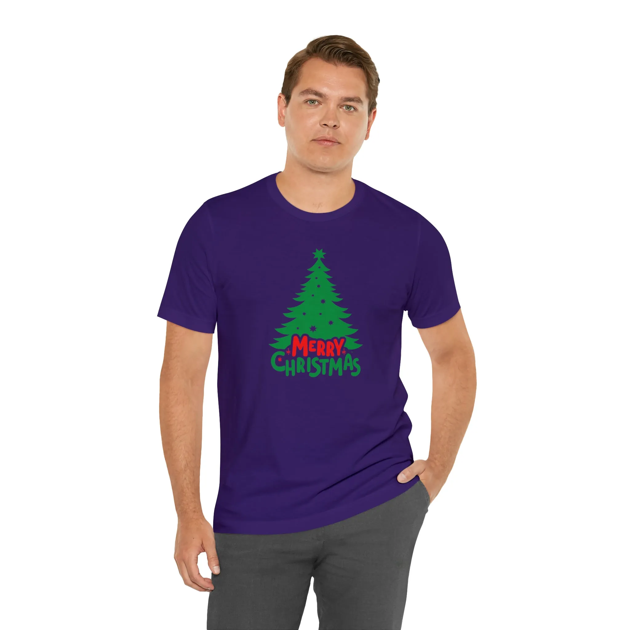 Merry Christmas Green Tree T-Shirt | Festive XMas Tee |  Bella Canvas 3001 Unisex | Happy Holidays Short Sleeve T-shirt