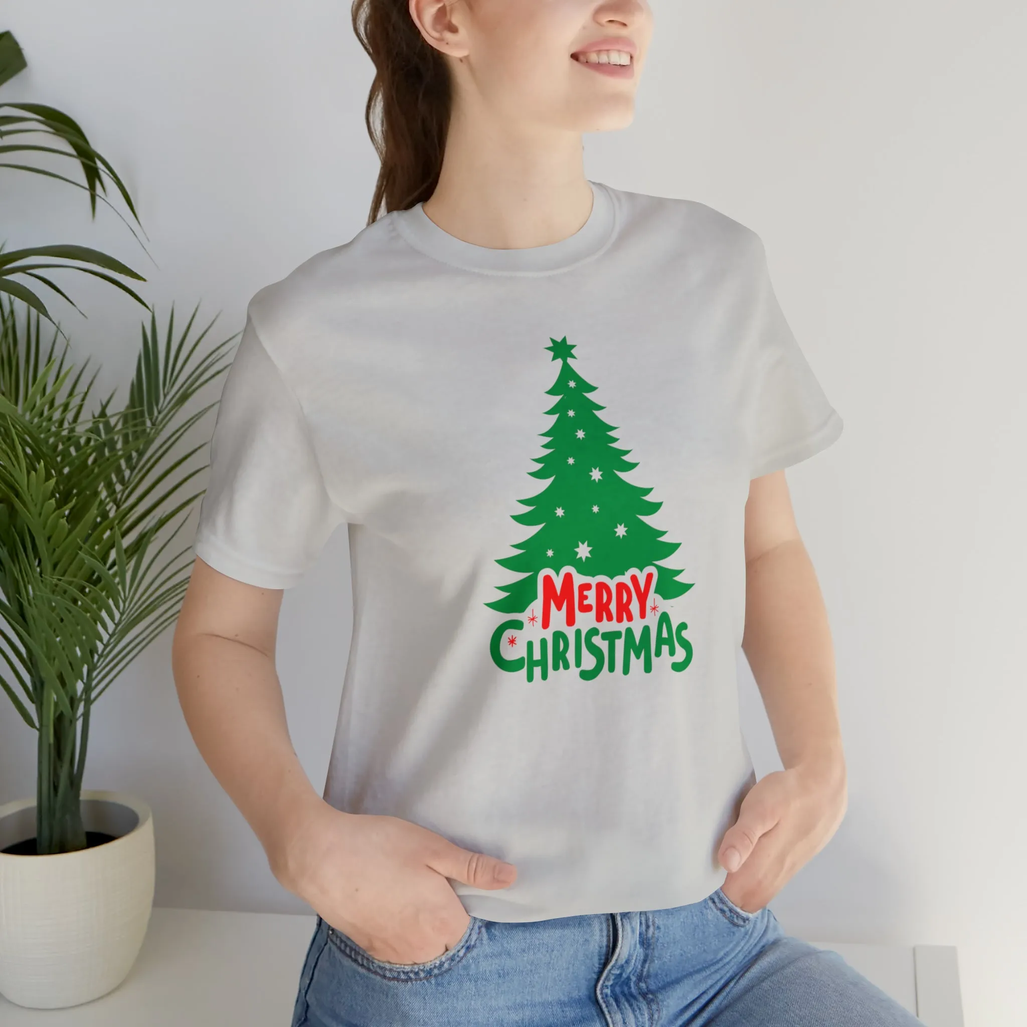 Merry Christmas Green Tree T-Shirt | Festive XMas Tee |  Bella Canvas 3001 Unisex | Happy Holidays Short Sleeve T-shirt