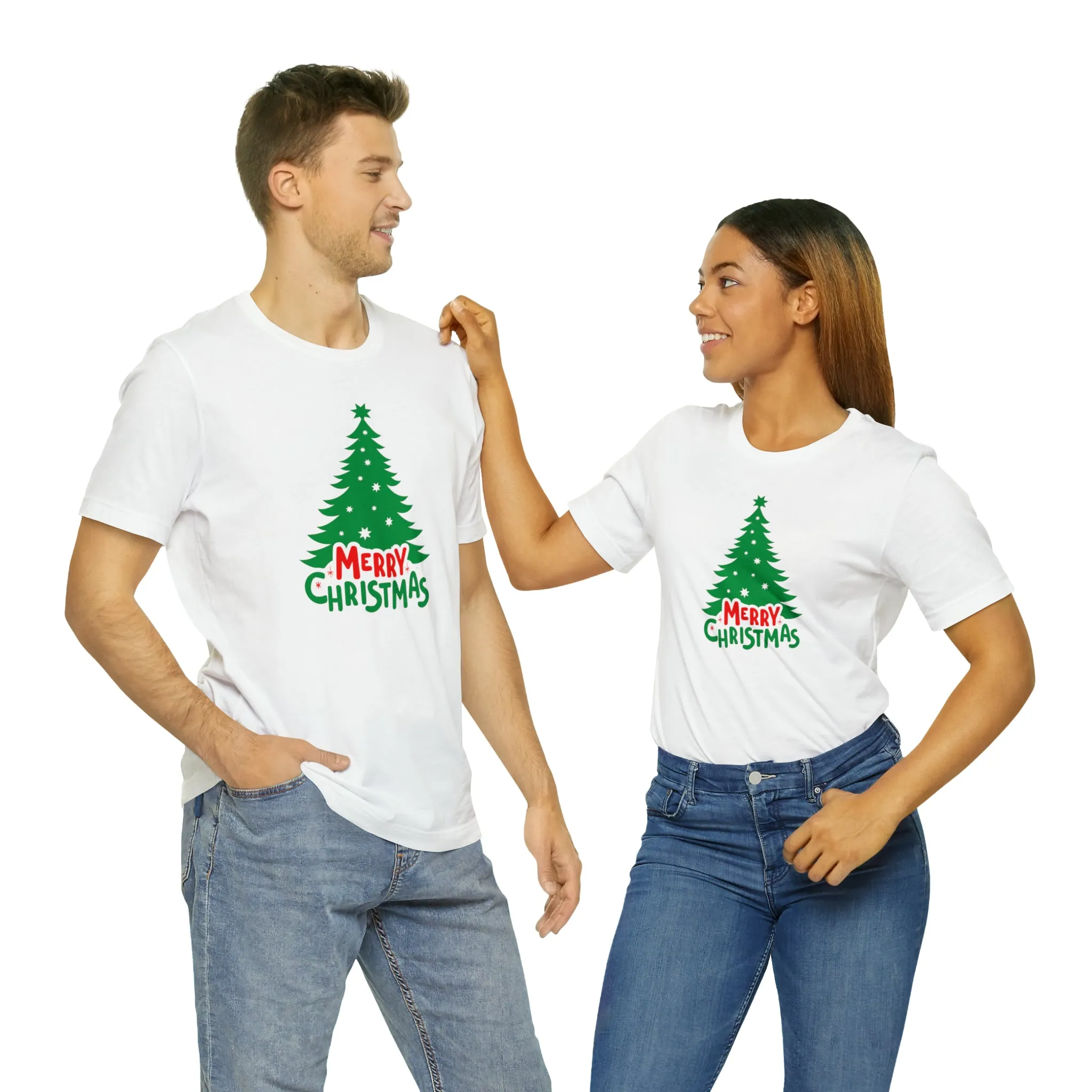 Merry Christmas Green Tree T-Shirt | Festive XMas Tee |  Bella Canvas 3001 Unisex | Happy Holidays Short Sleeve T-shirt