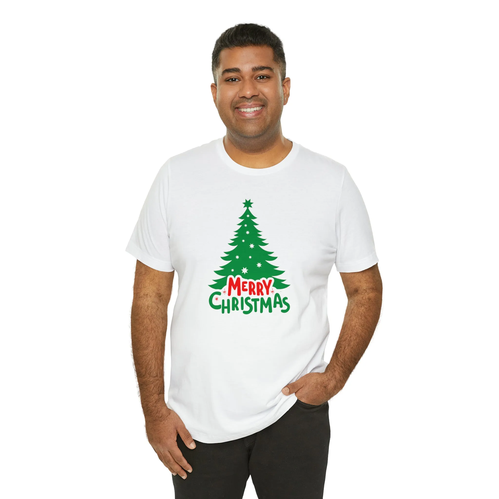 Merry Christmas Green Tree T-Shirt | Festive XMas Tee |  Bella Canvas 3001 Unisex | Happy Holidays Short Sleeve T-shirt