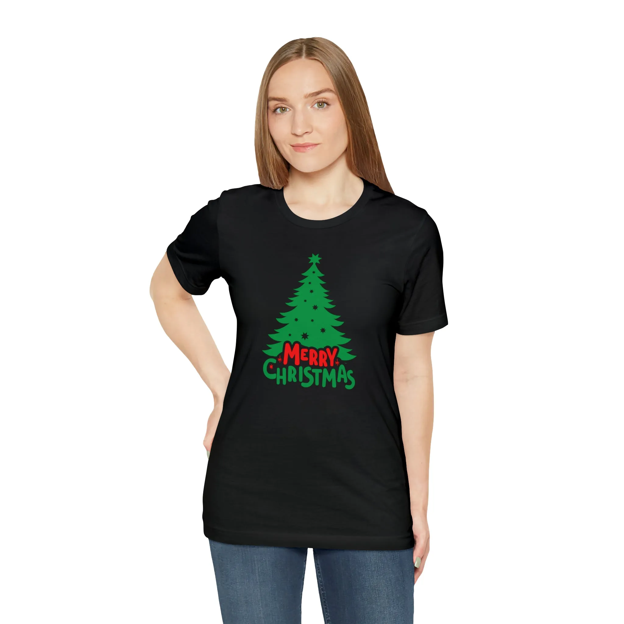 Merry Christmas Green Tree T-Shirt | Festive XMas Tee |  Bella Canvas 3001 Unisex | Happy Holidays Short Sleeve T-shirt