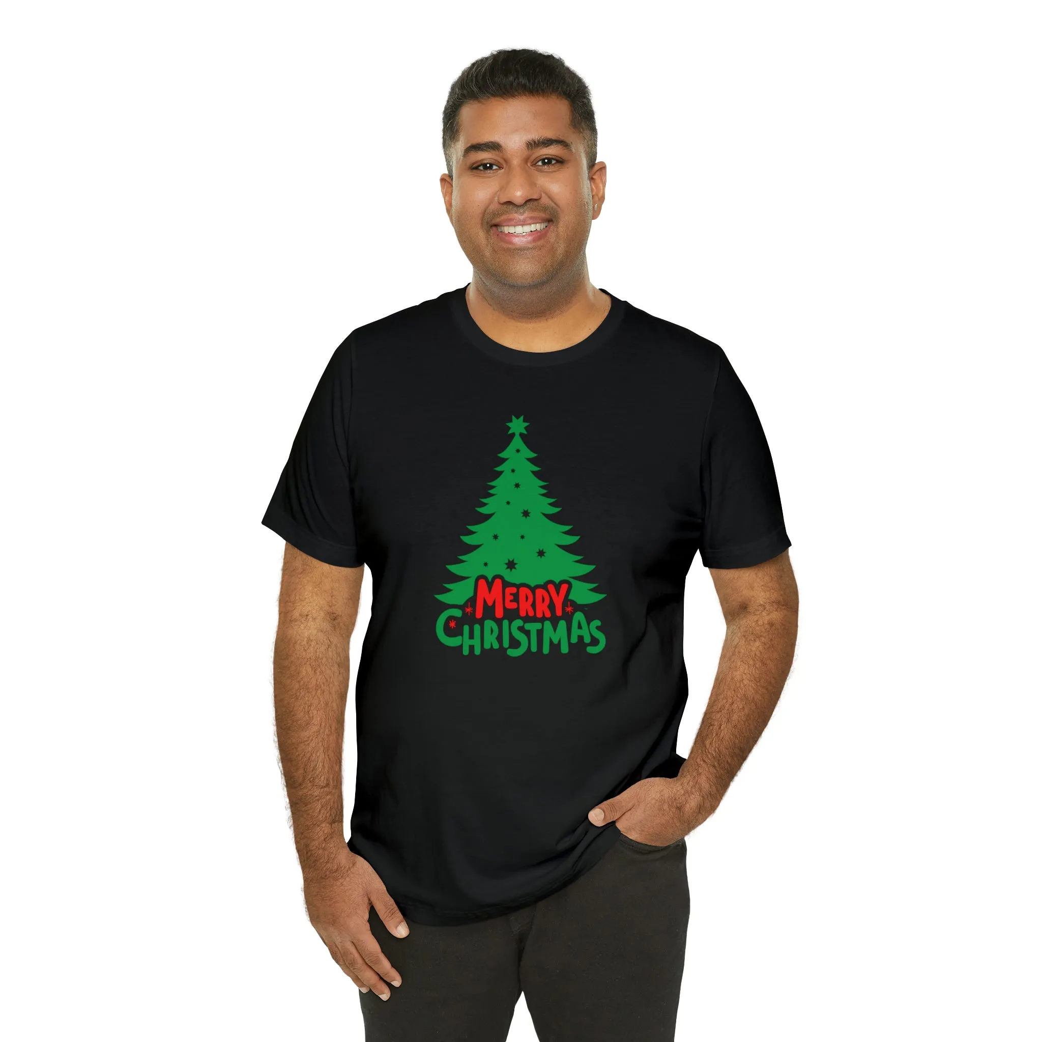 Merry Christmas Green Tree T-Shirt | Festive XMas Tee |  Bella Canvas 3001 Unisex | Happy Holidays Short Sleeve T-shirt