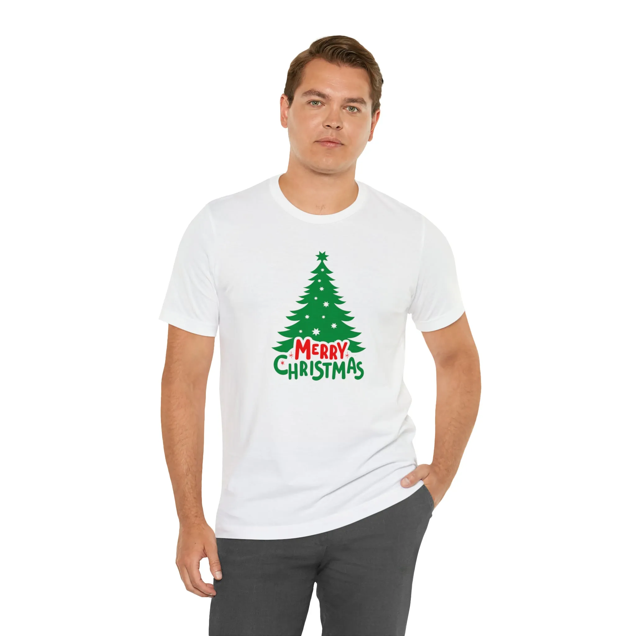 Merry Christmas Green Tree T-Shirt | Festive XMas Tee |  Bella Canvas 3001 Unisex | Happy Holidays Short Sleeve T-shirt