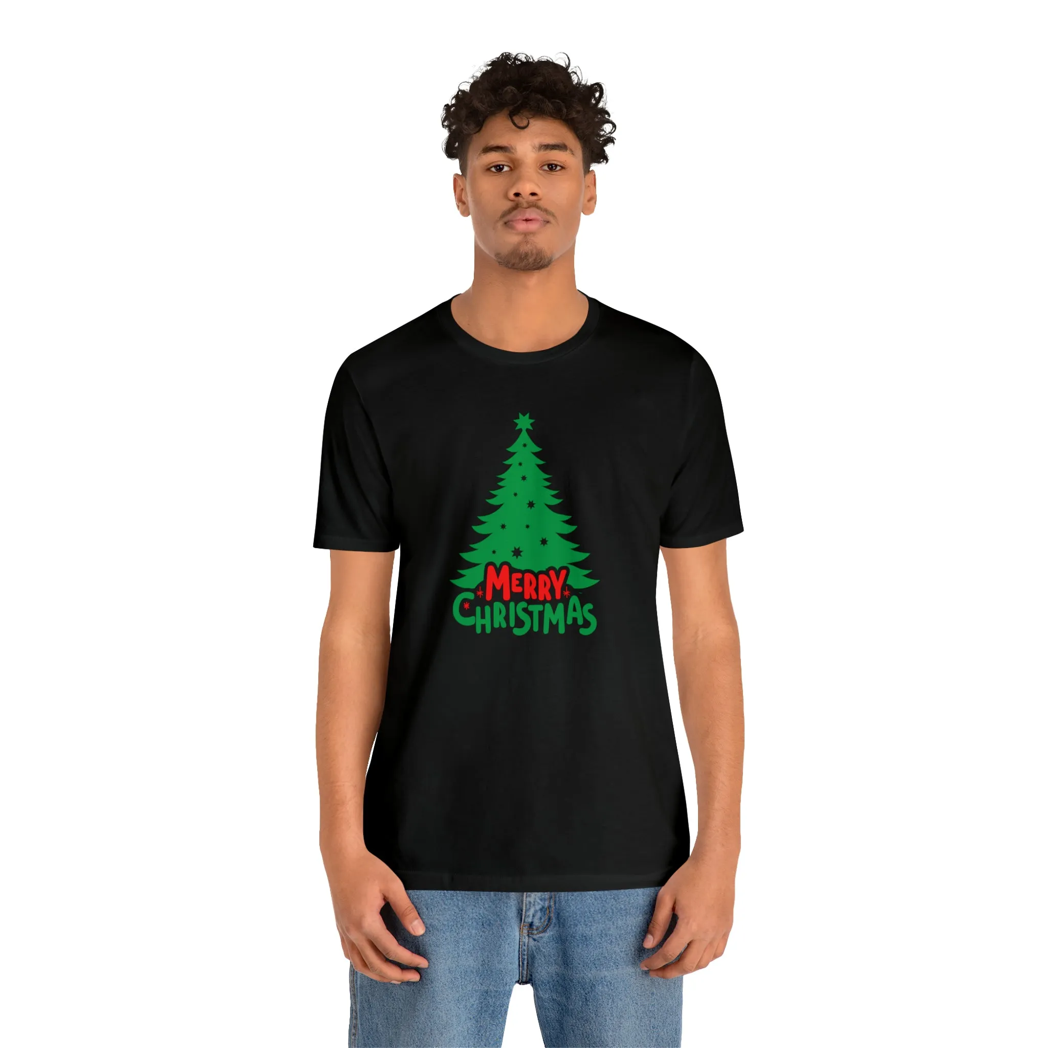 Merry Christmas Green Tree T-Shirt | Festive XMas Tee |  Bella Canvas 3001 Unisex | Happy Holidays Short Sleeve T-shirt