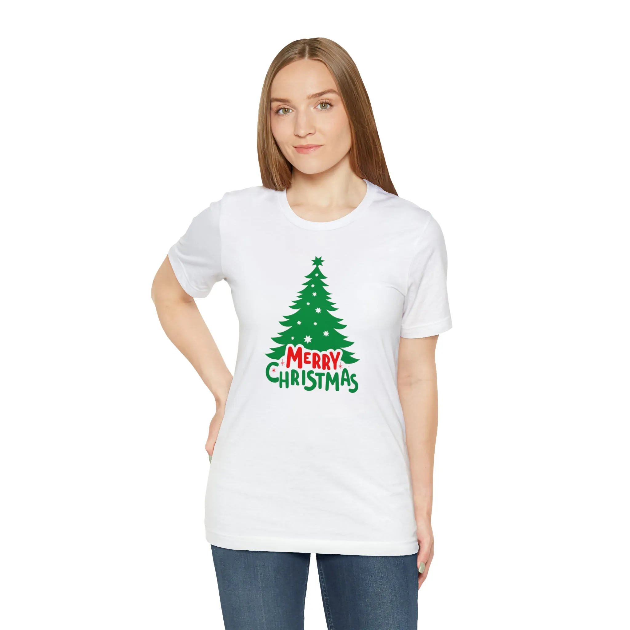 Merry Christmas Green Tree T-Shirt | Festive XMas Tee |  Bella Canvas 3001 Unisex | Happy Holidays Short Sleeve T-shirt