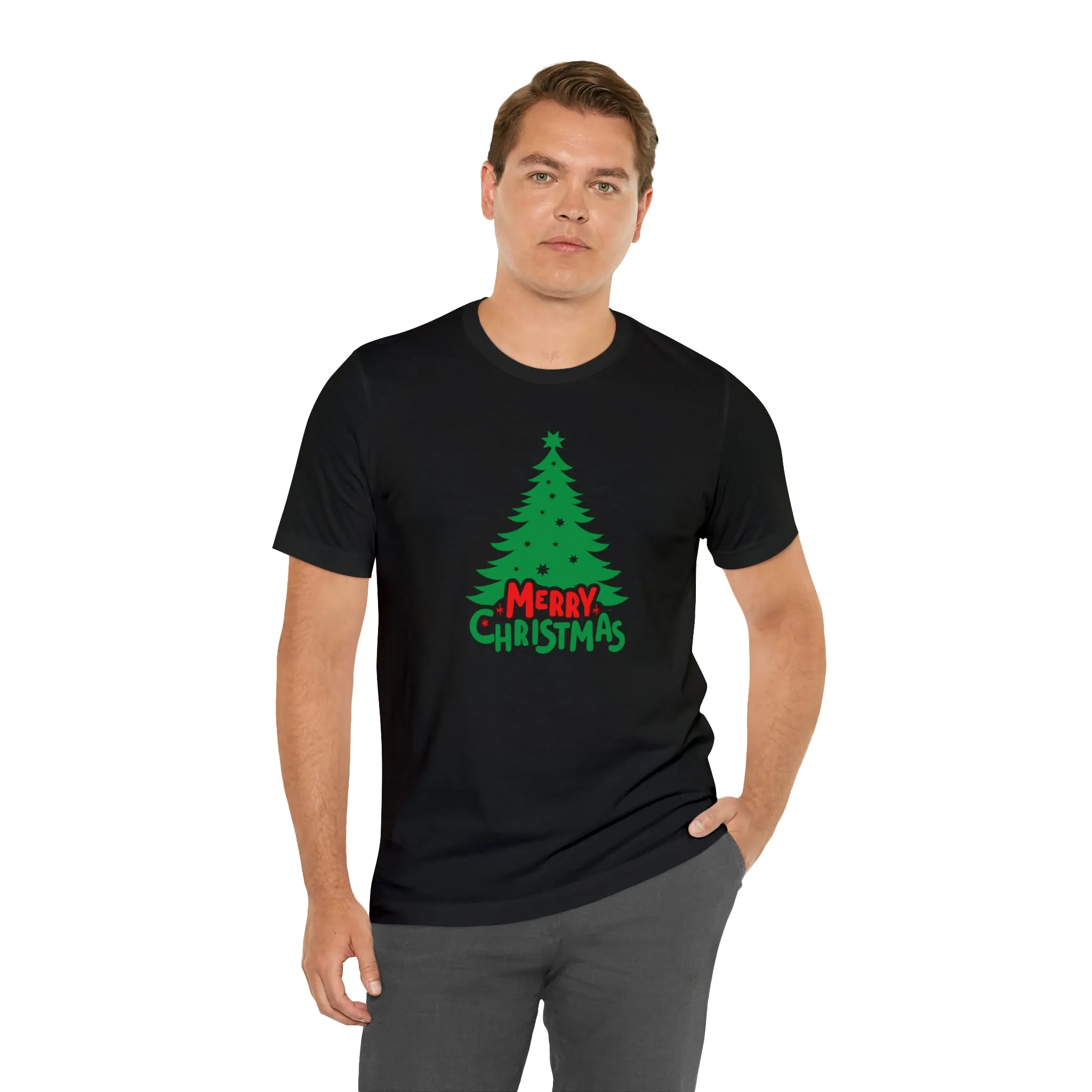 Merry Christmas Green Tree T-Shirt | Festive XMas Tee |  Bella Canvas 3001 Unisex | Happy Holidays Short Sleeve T-shirt