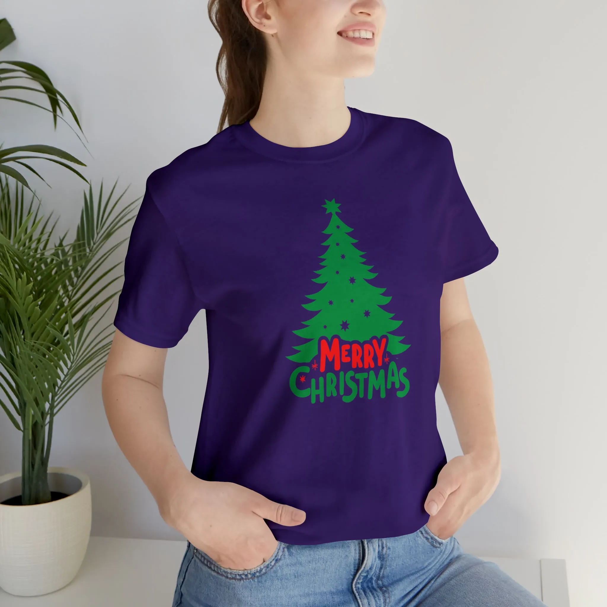 Merry Christmas Green Tree T-Shirt | Festive XMas Tee |  Bella Canvas 3001 Unisex | Happy Holidays Short Sleeve T-shirt