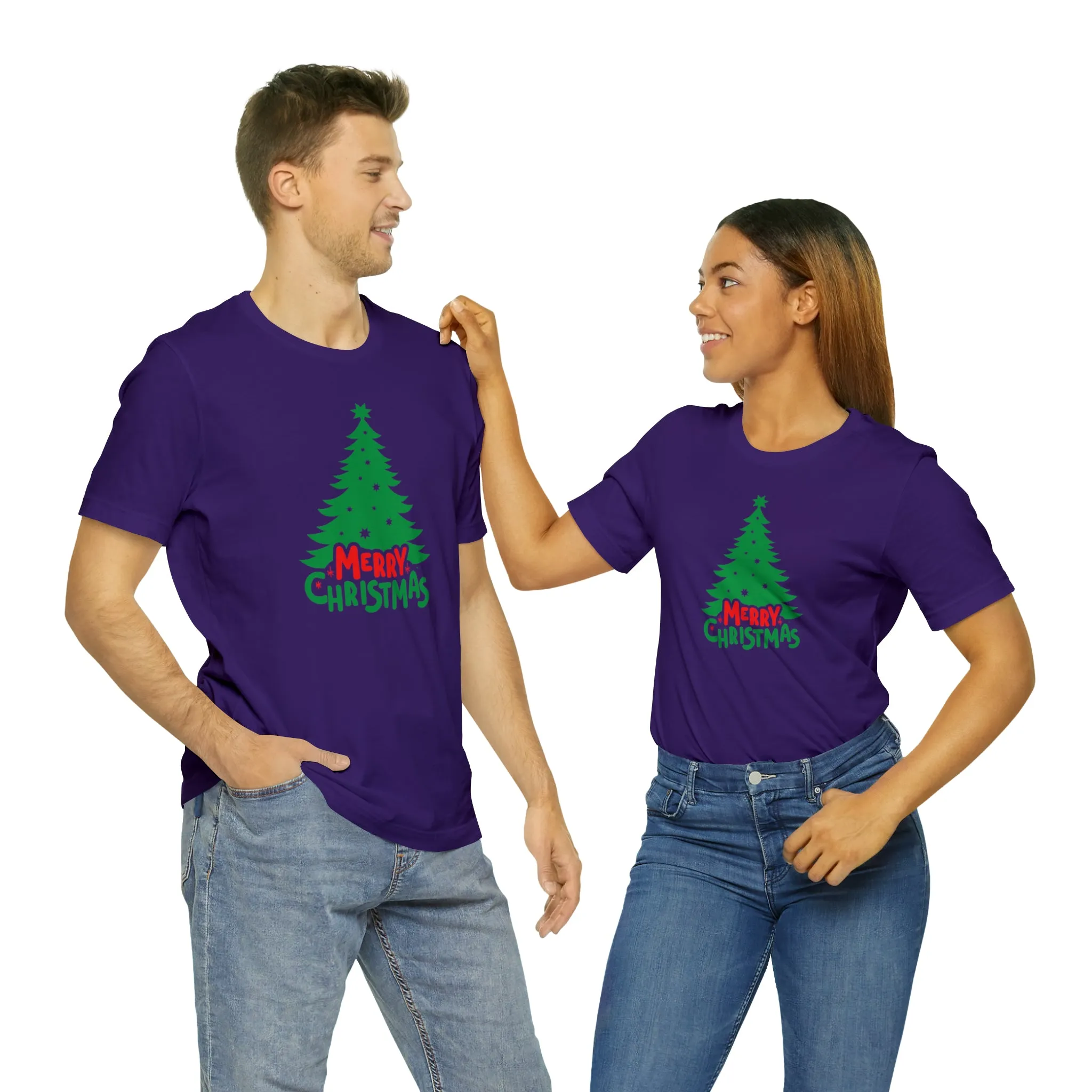 Merry Christmas Green Tree T-Shirt | Festive XMas Tee |  Bella Canvas 3001 Unisex | Happy Holidays Short Sleeve T-shirt