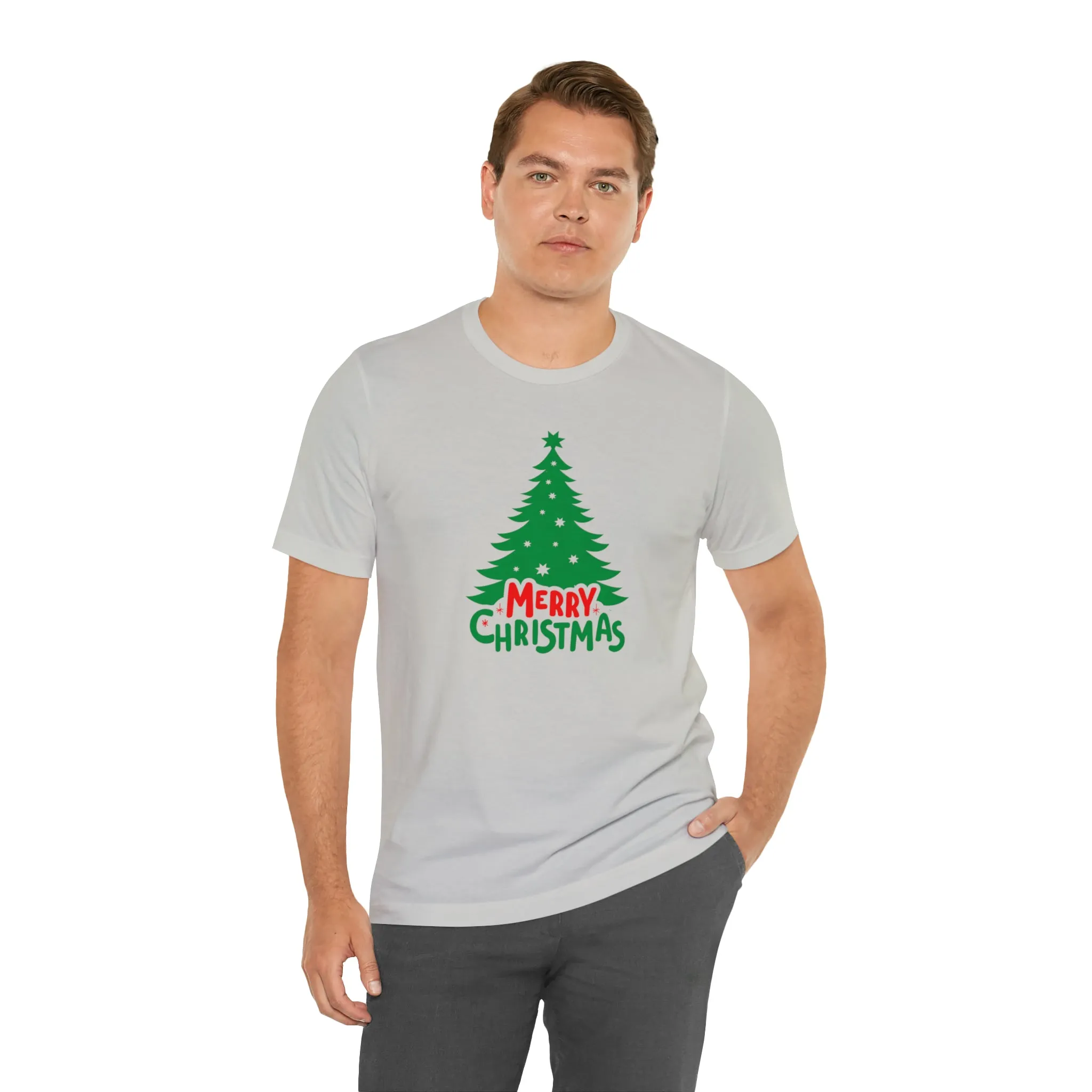 Merry Christmas Green Tree T-Shirt | Festive XMas Tee |  Bella Canvas 3001 Unisex | Happy Holidays Short Sleeve T-shirt