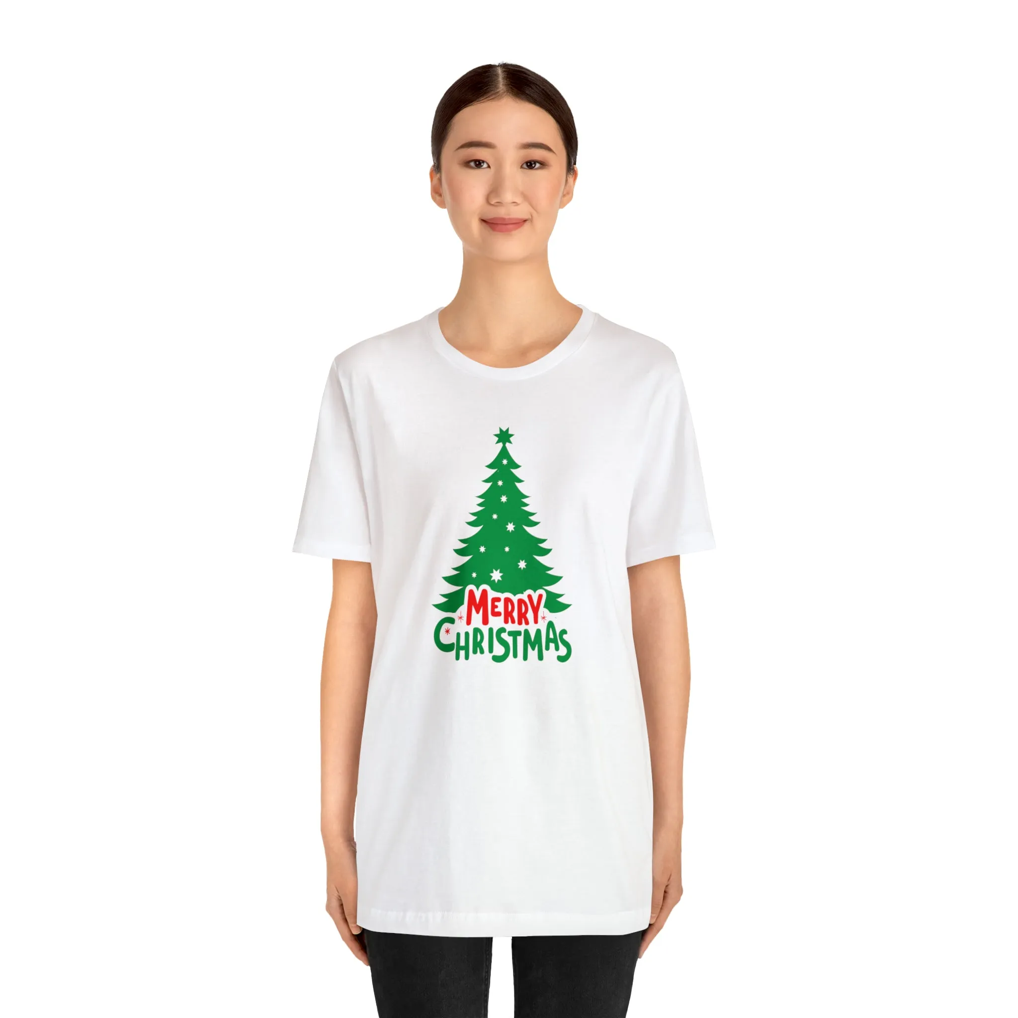 Merry Christmas Green Tree T-Shirt | Festive XMas Tee |  Bella Canvas 3001 Unisex | Happy Holidays Short Sleeve T-shirt