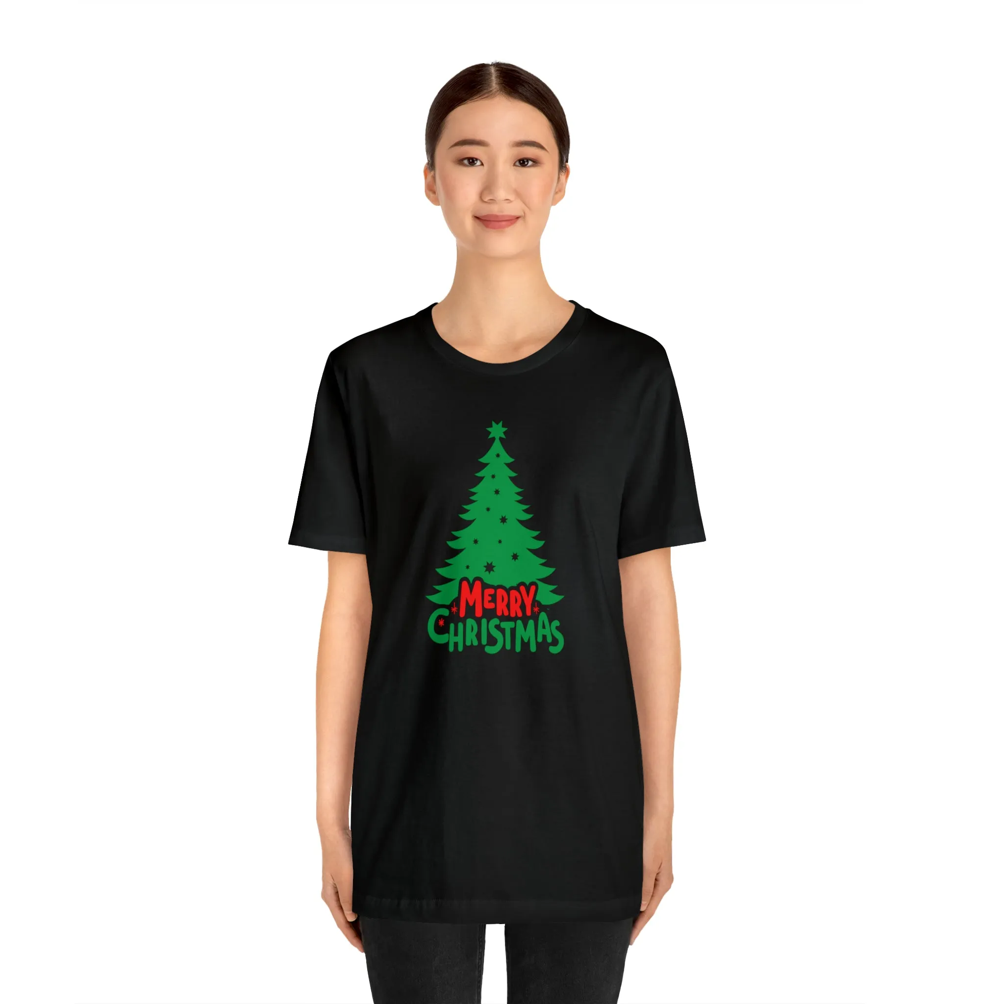 Merry Christmas Green Tree T-Shirt | Festive XMas Tee |  Bella Canvas 3001 Unisex | Happy Holidays Short Sleeve T-shirt