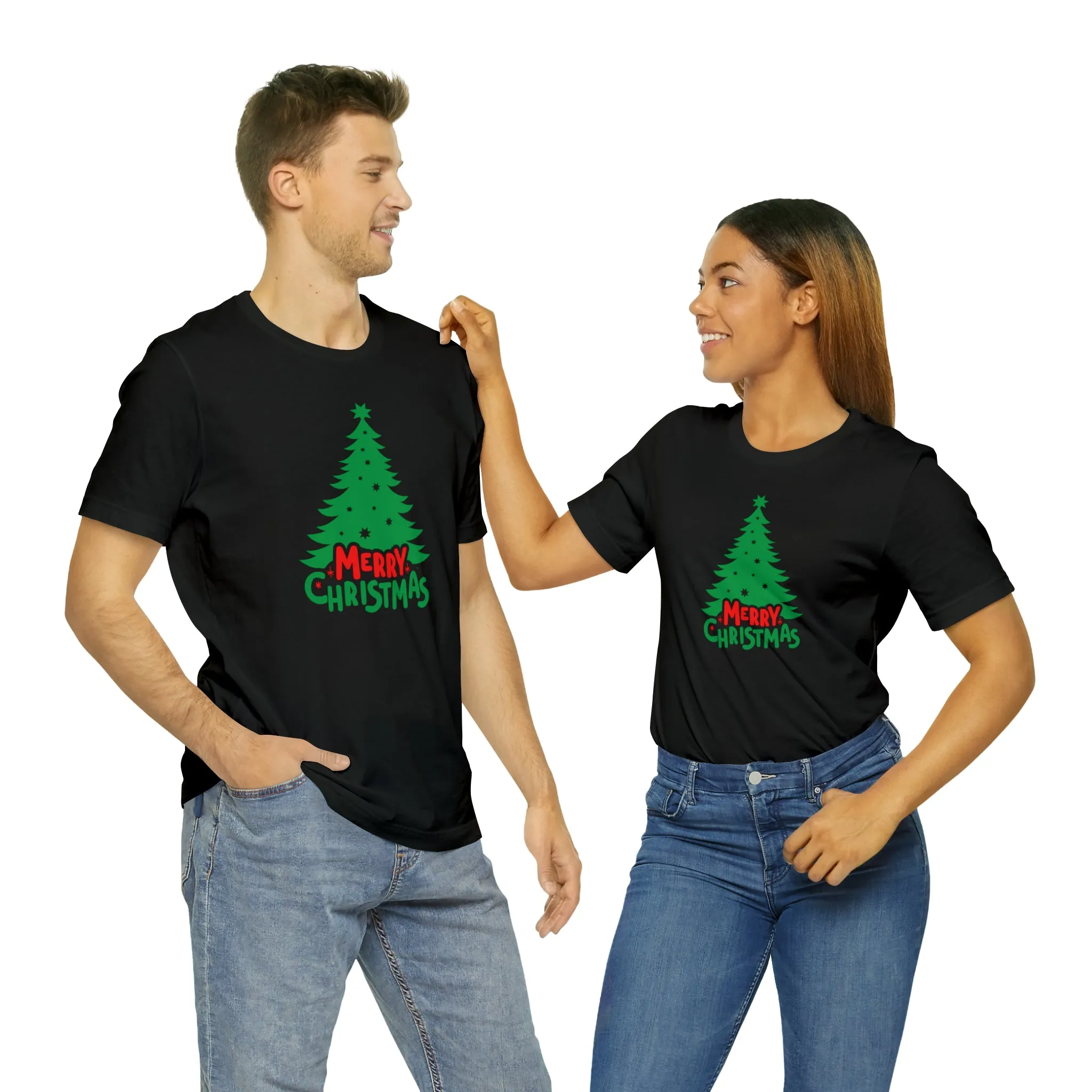 Merry Christmas Green Tree T-Shirt | Festive XMas Tee |  Bella Canvas 3001 Unisex | Happy Holidays Short Sleeve T-shirt