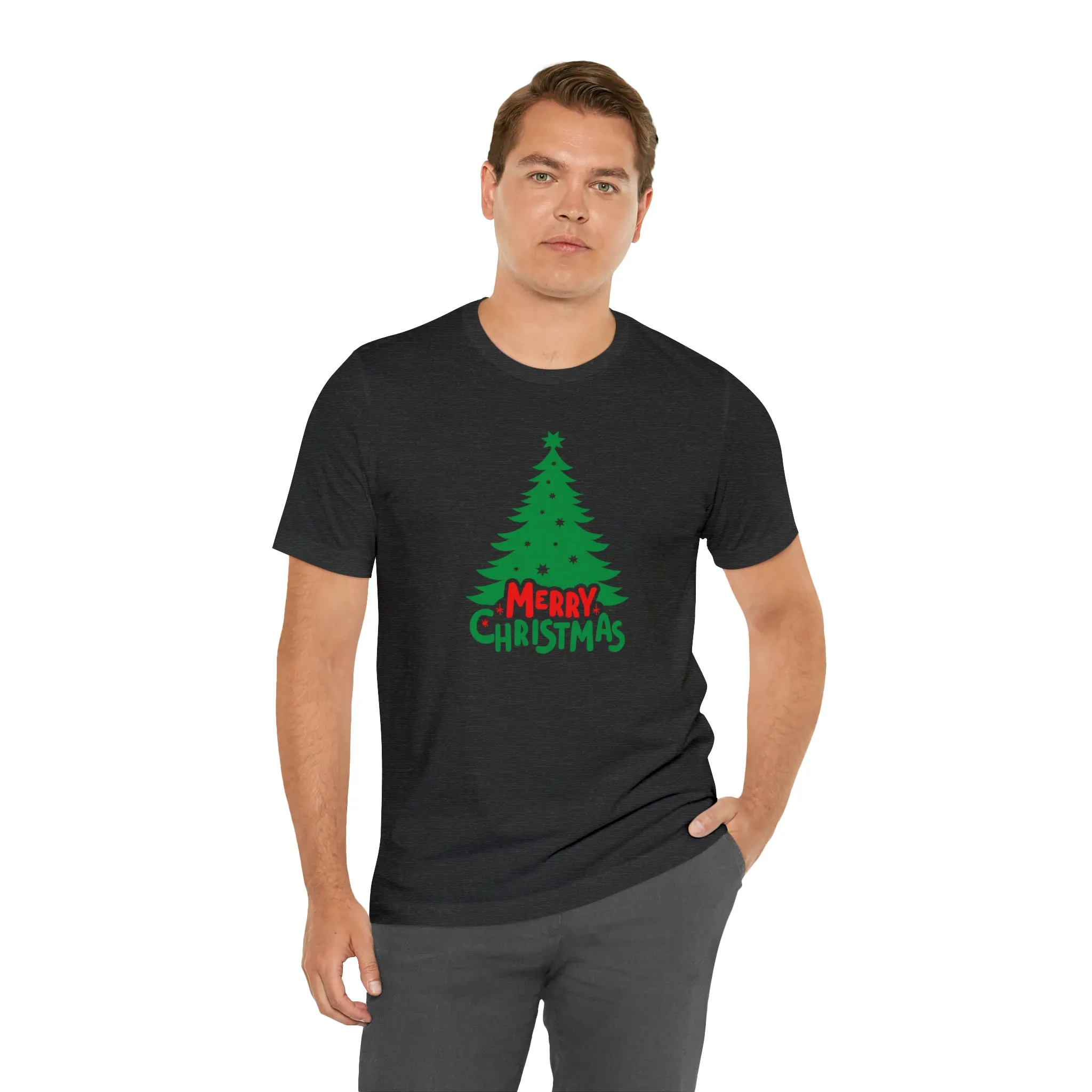 Merry Christmas Green Tree T-Shirt | Festive XMas Tee |  Bella Canvas 3001 Unisex | Happy Holidays Short Sleeve T-shirt