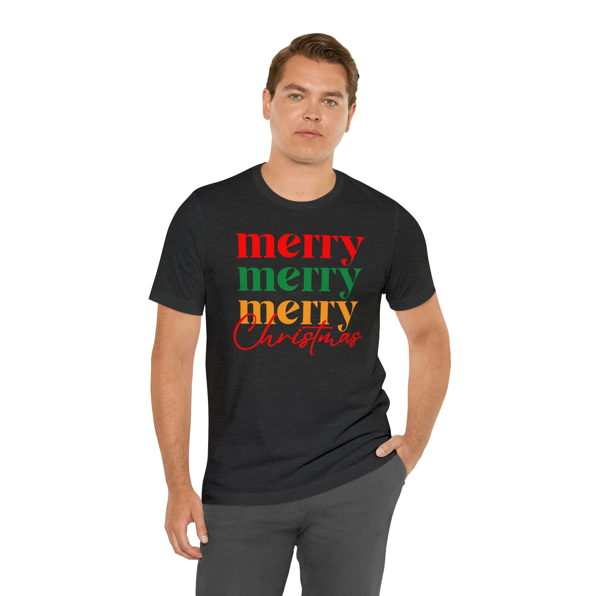 Merry Merry Merry Christmas T-Shirt | Festive XMas Tee |  Bella Canvas 3001 Unisex | Happy Holidays Short Sleeve Tshirt