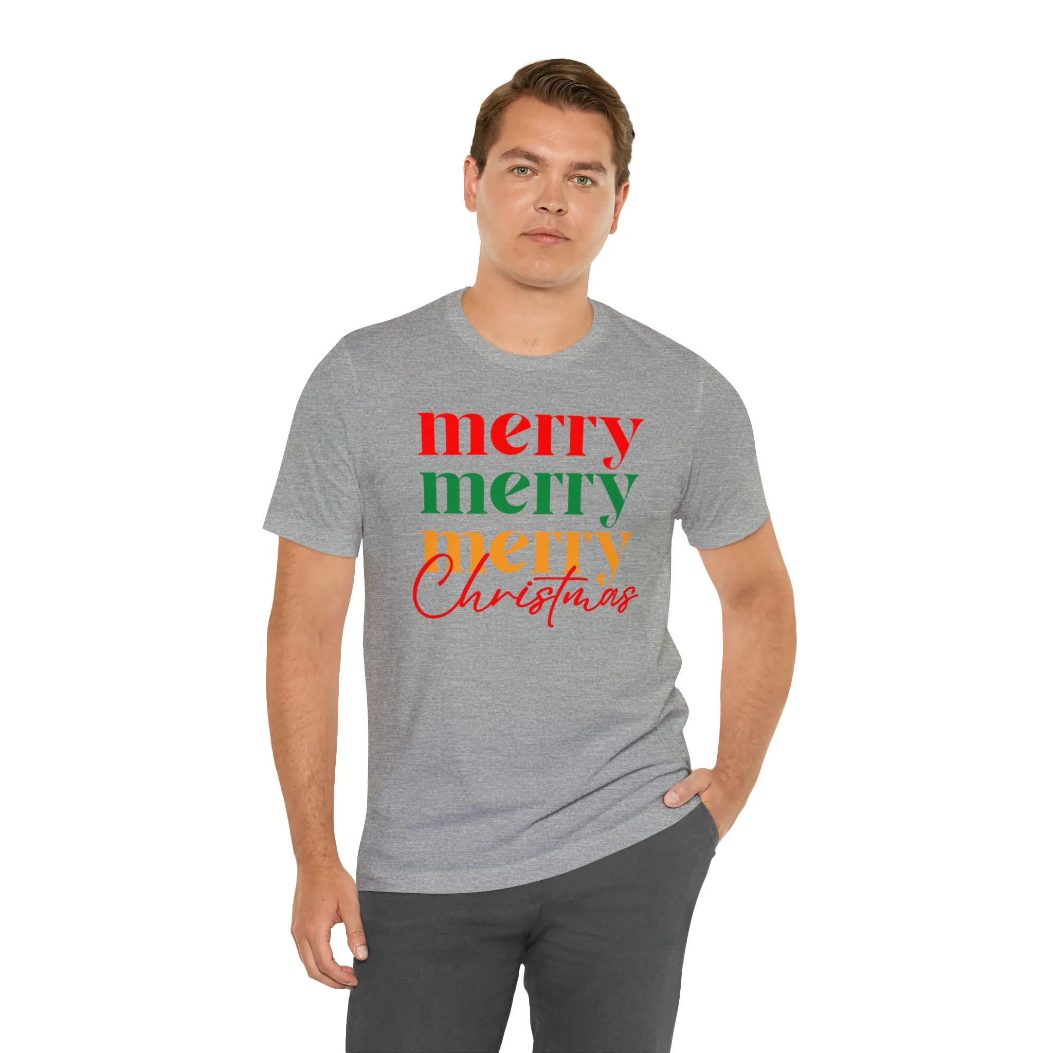 Merry Merry Merry Christmas T-Shirt | Festive XMas Tee |  Bella Canvas 3001 Unisex | Happy Holidays Short Sleeve Tshirt