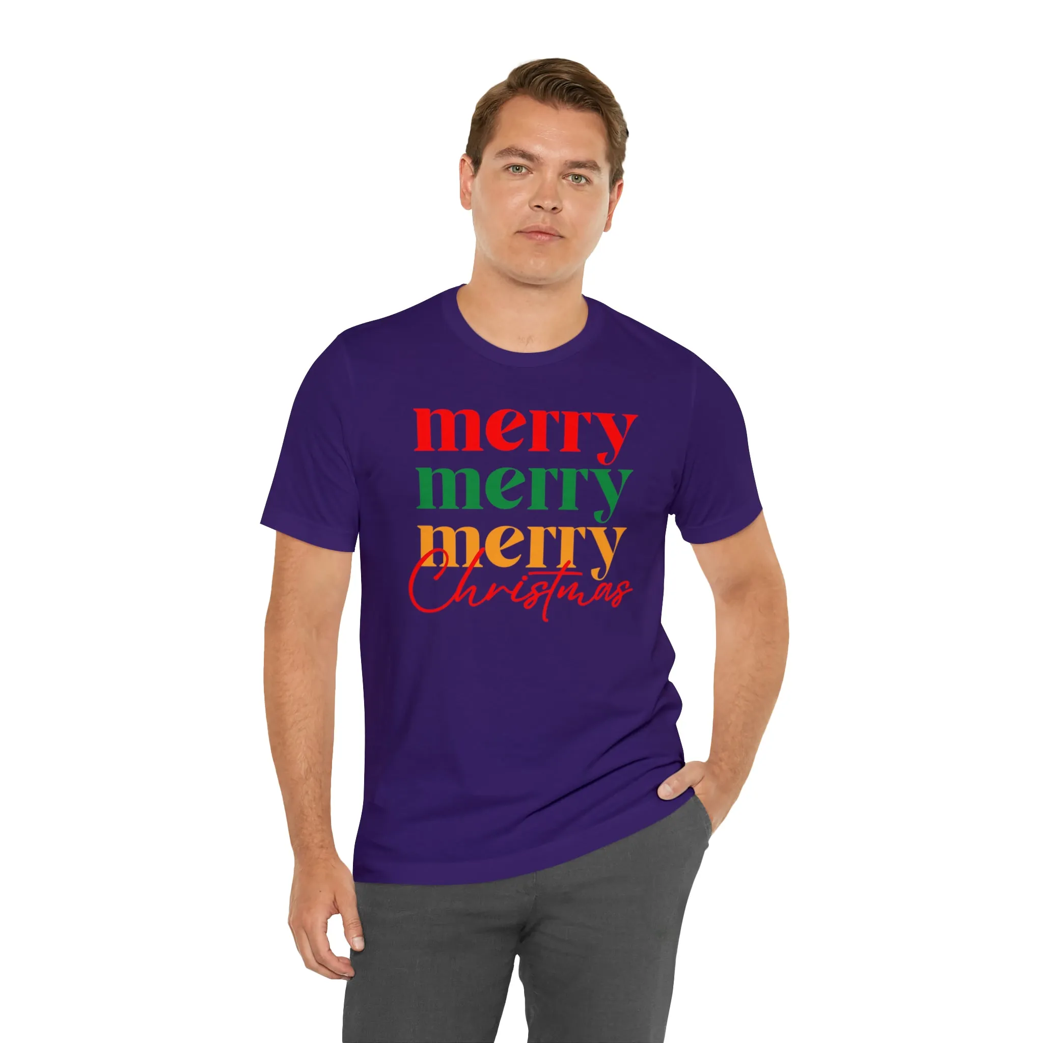 Merry Merry Merry Christmas T-Shirt | Festive XMas Tee |  Bella Canvas 3001 Unisex | Happy Holidays Short Sleeve Tshirt
