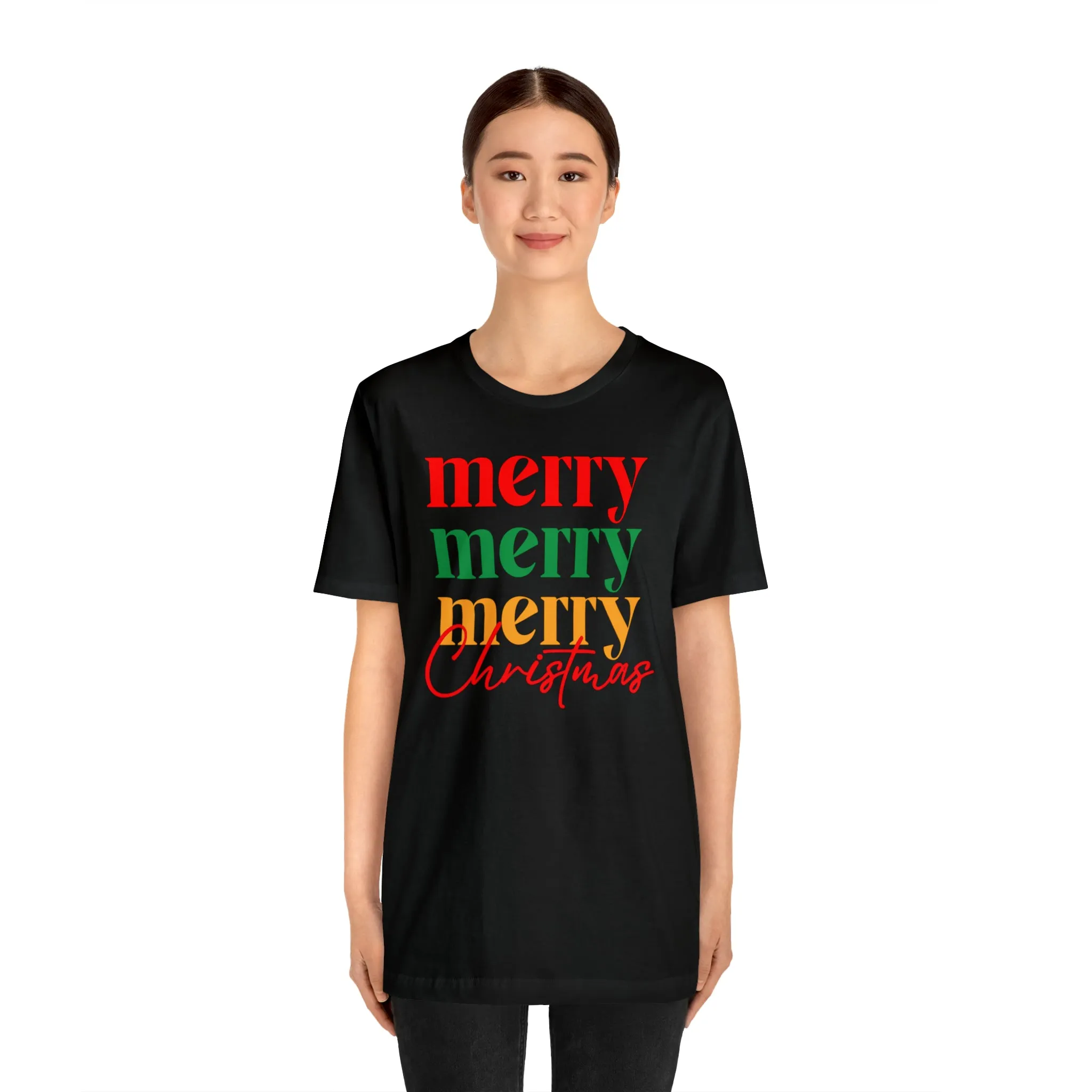 Merry Merry Merry Christmas T-Shirt | Festive XMas Tee |  Bella Canvas 3001 Unisex | Happy Holidays Short Sleeve Tshirt