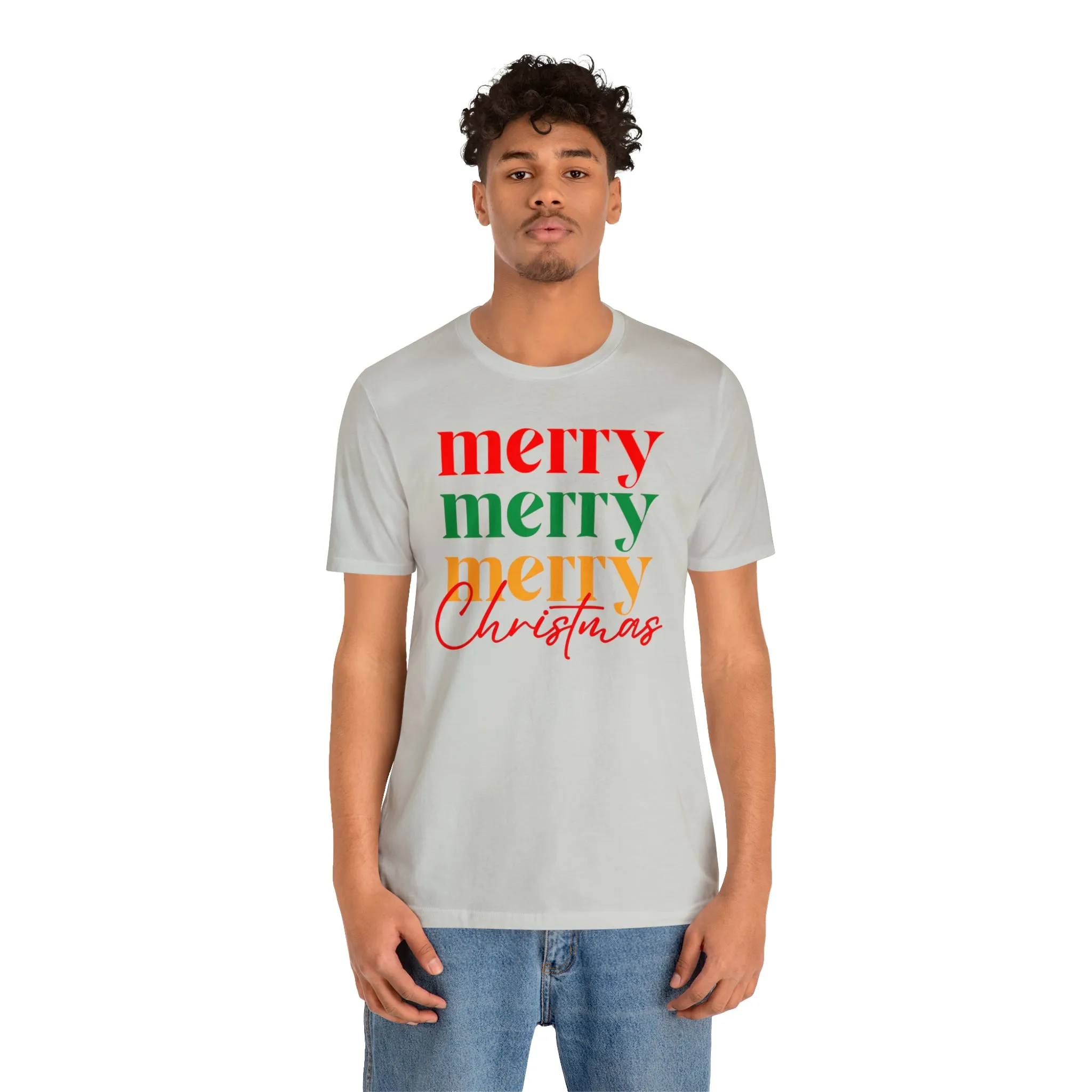 Merry Merry Merry Christmas T-Shirt | Festive XMas Tee |  Bella Canvas 3001 Unisex | Happy Holidays Short Sleeve Tshirt