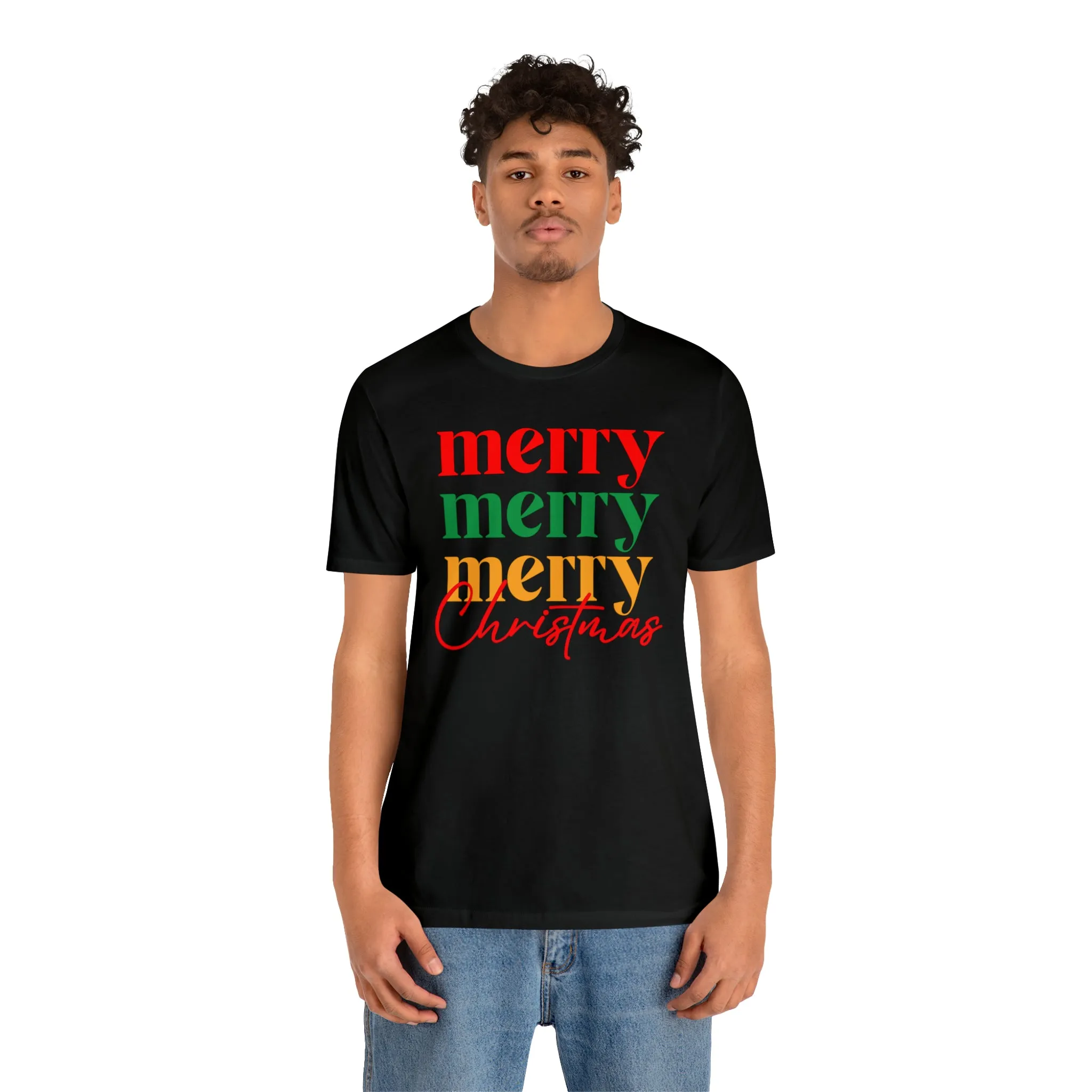 Merry Merry Merry Christmas T-Shirt | Festive XMas Tee |  Bella Canvas 3001 Unisex | Happy Holidays Short Sleeve Tshirt