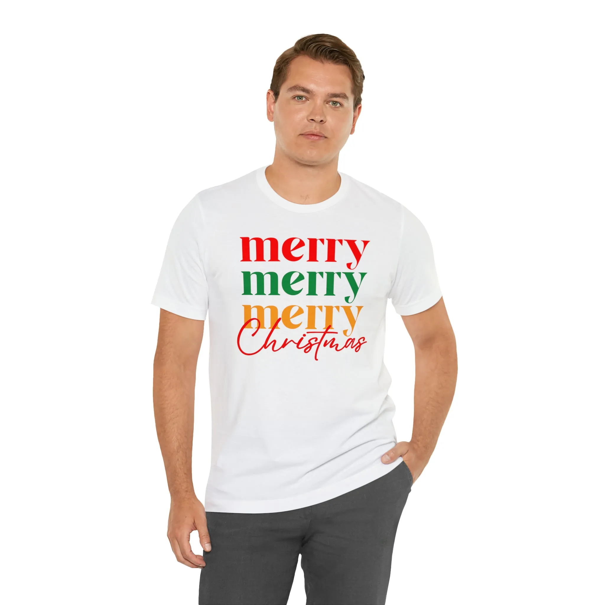 Merry Merry Merry Christmas T-Shirt | Festive XMas Tee |  Bella Canvas 3001 Unisex | Happy Holidays Short Sleeve Tshirt