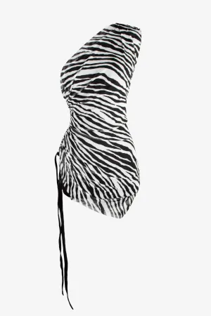Mesh One-Shoulder Dress Zebra Print