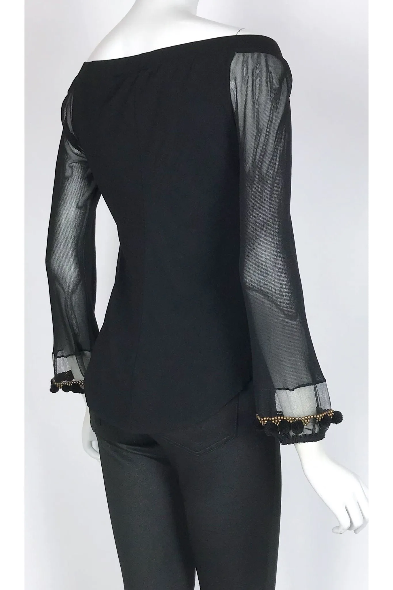 MONA Off-On-Shoulder Sheer Trimmed Long Sleeve Top Black