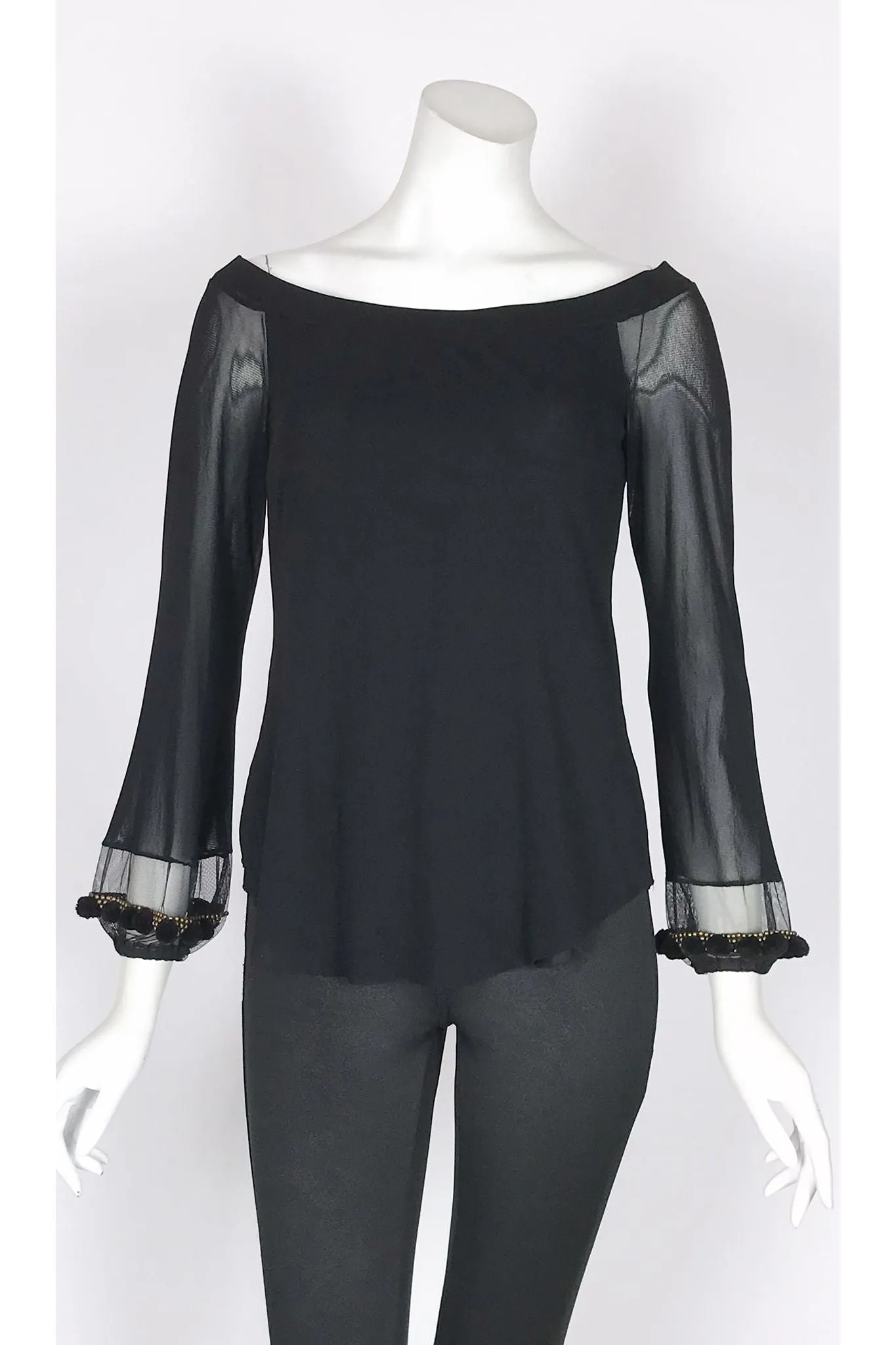 MONA Off-On-Shoulder Sheer Trimmed Long Sleeve Top Black