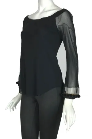 MONA Off-On-Shoulder Sheer Trimmed Long Sleeve Top Black