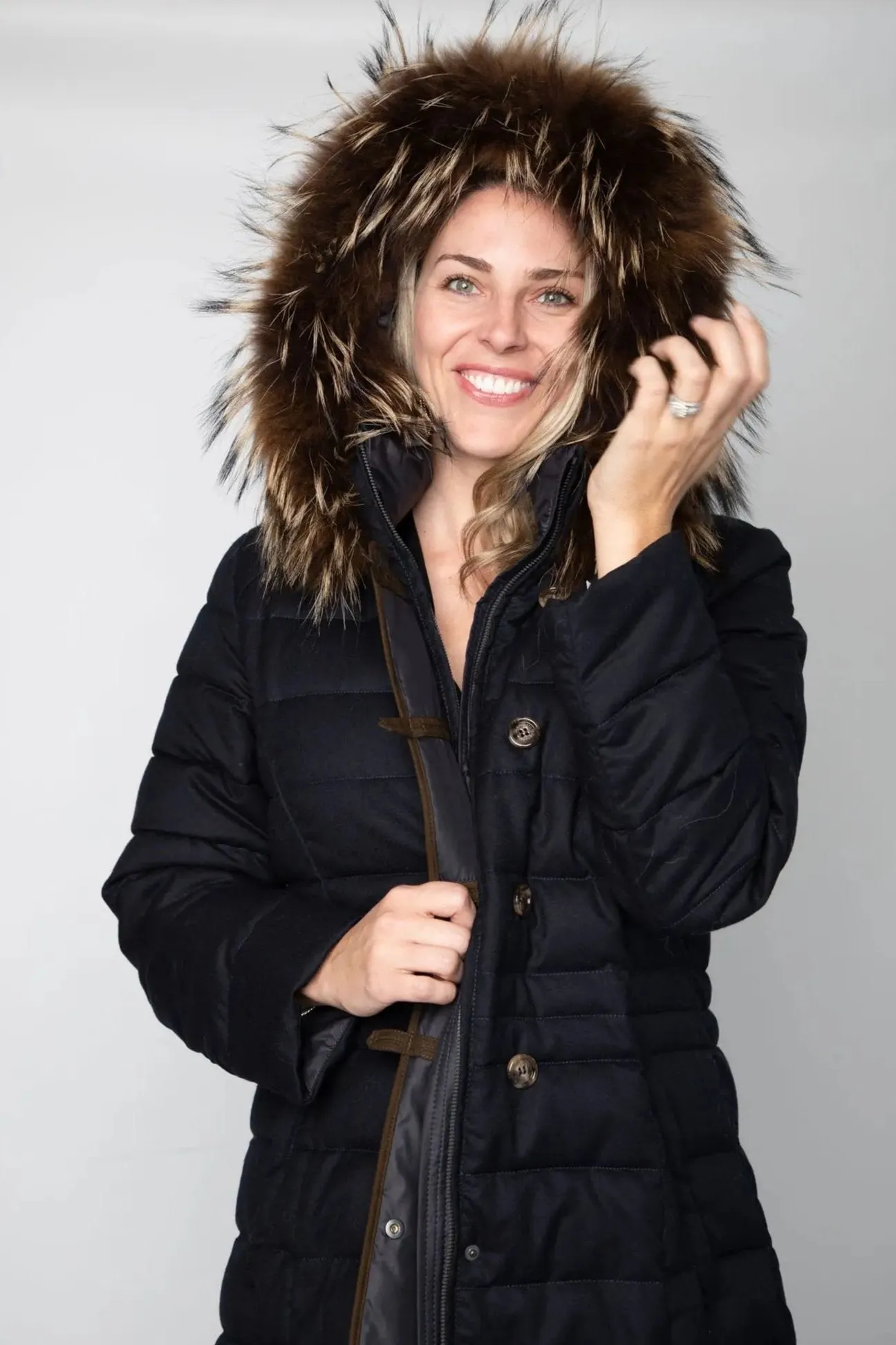 Navy Anouschka Coat w/ Raccoon Trim