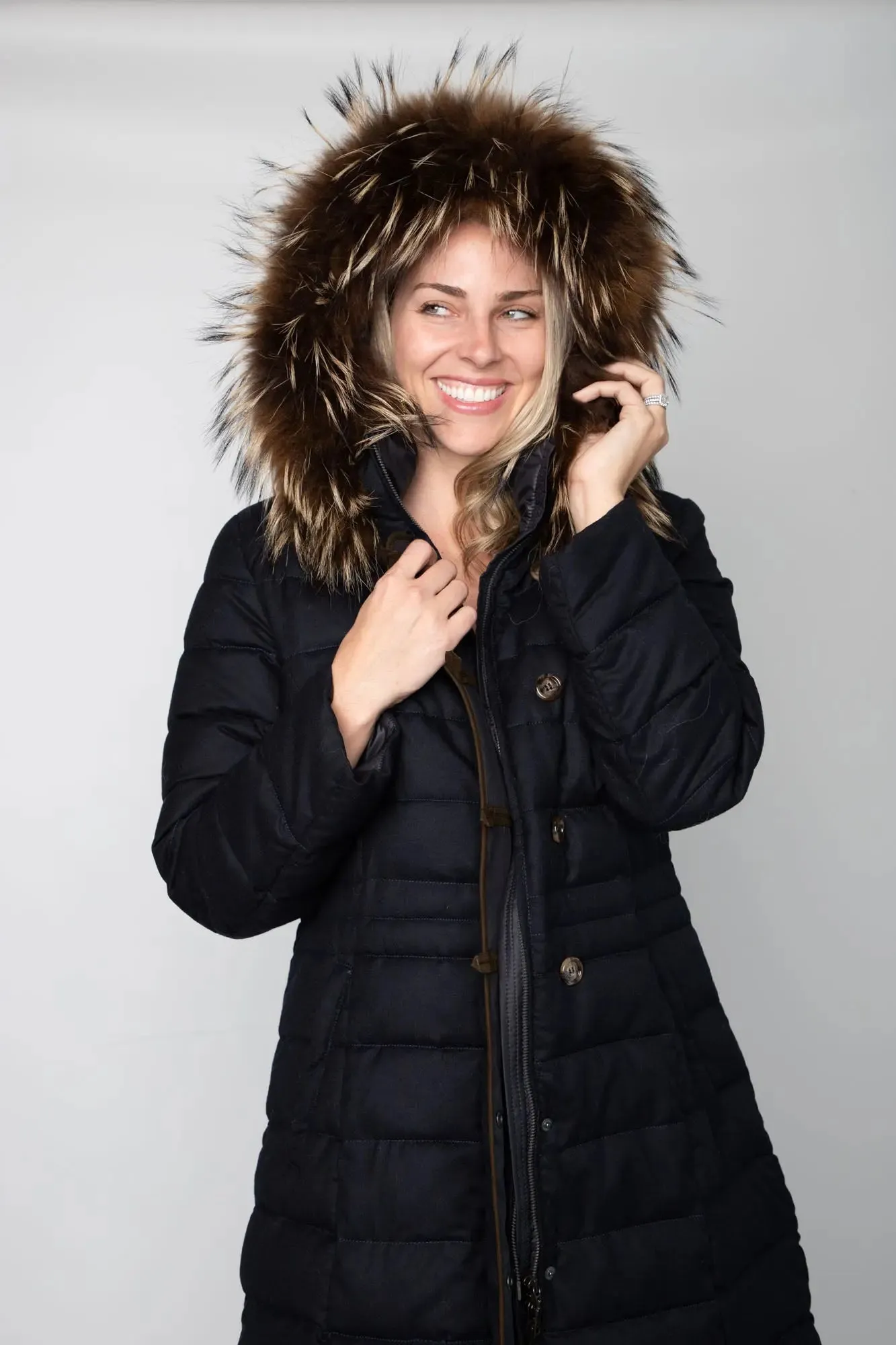 Navy Anouschka Coat w/ Raccoon Trim