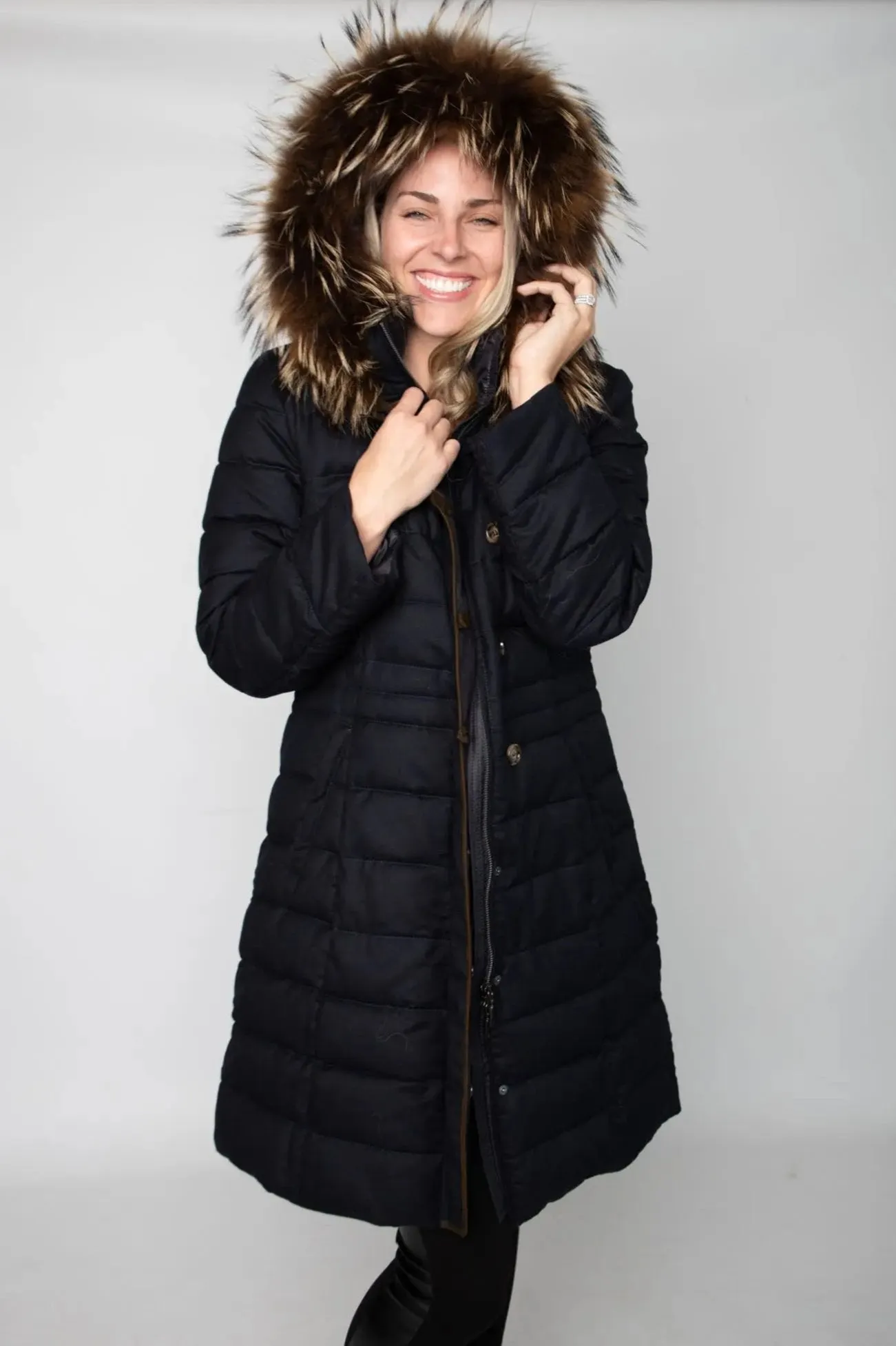 Navy Anouschka Coat w/ Raccoon Trim