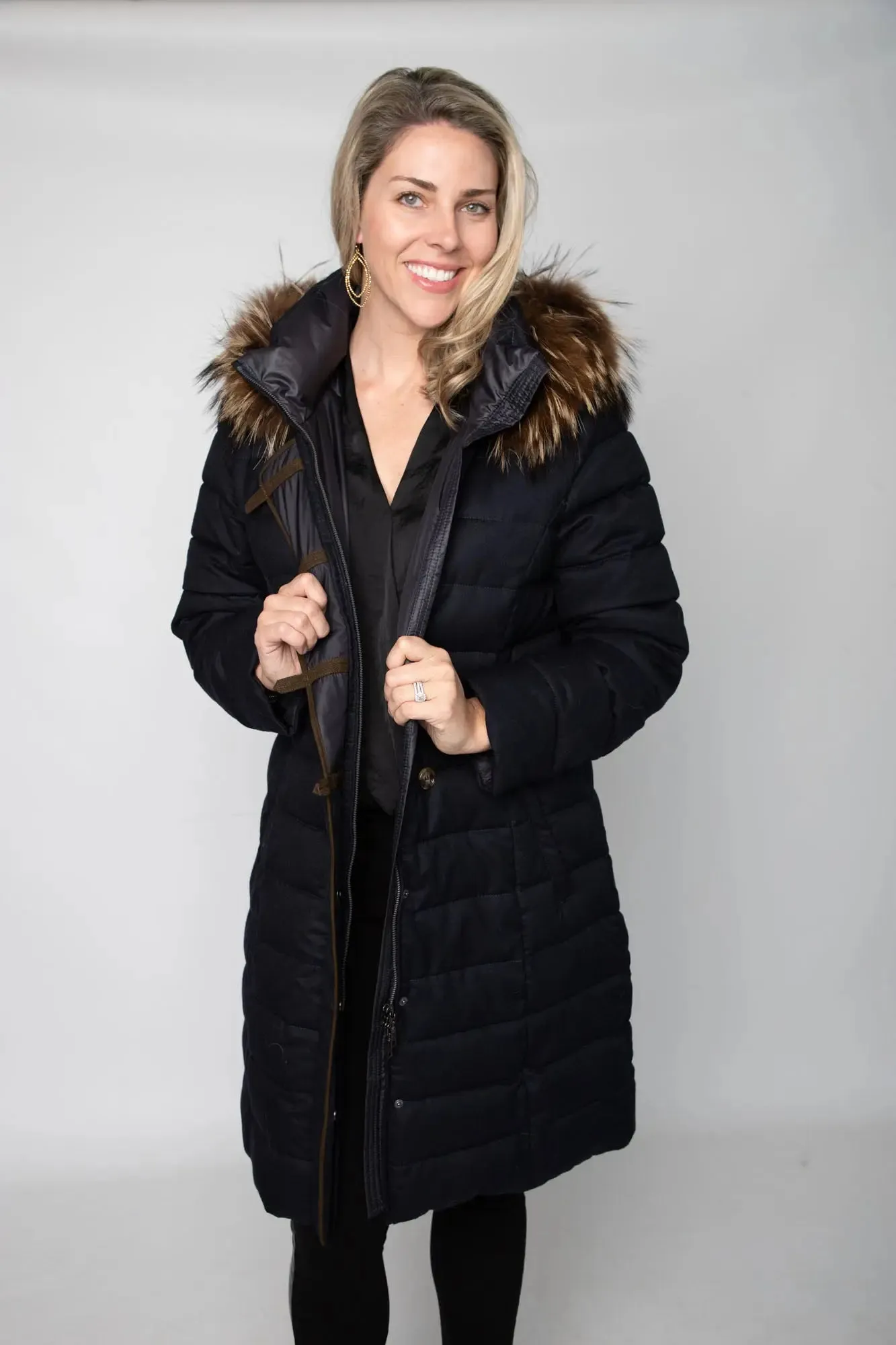 Navy Anouschka Coat w/ Raccoon Trim