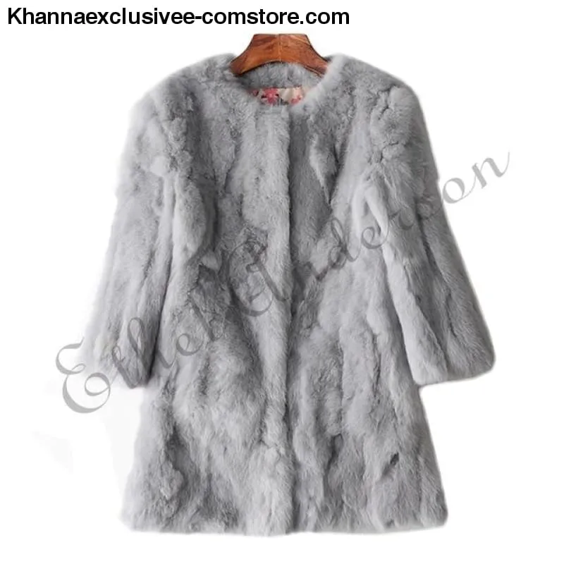 New 100% Real Rabbit Fur Coat Women's O-Neck Long 3/4 Sleeves Vintage Leather Fur Jacket