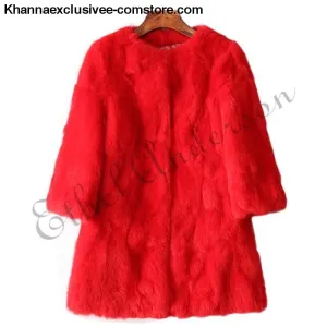 New 100% Real Rabbit Fur Coat Women's O-Neck Long 3/4 Sleeves Vintage Leather Fur Jacket