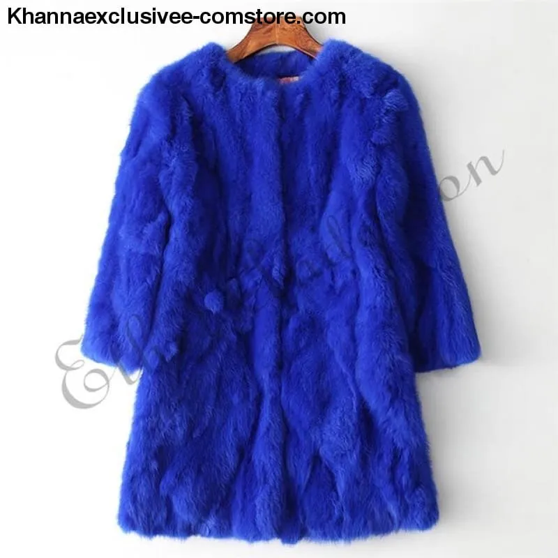 New 100% Real Rabbit Fur Coat Women's O-Neck Long 3/4 Sleeves Vintage Leather Fur Jacket