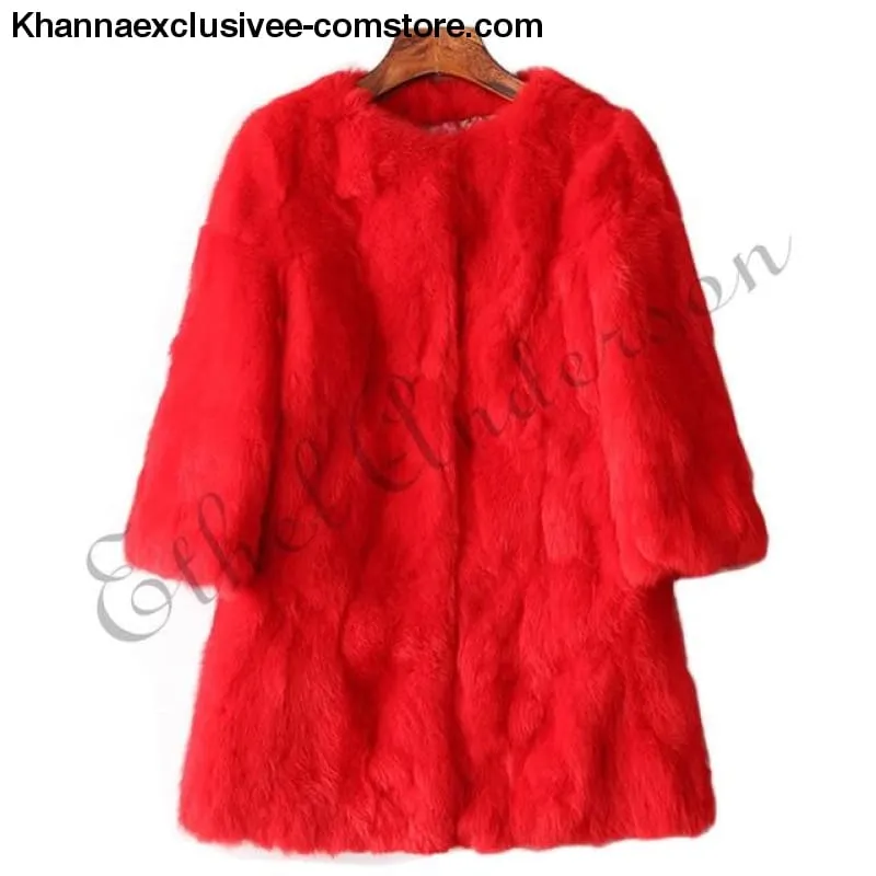 New 100% Real Rabbit Fur Coat Women's O-Neck Long 3/4 Sleeves Vintage Leather Fur Jacket