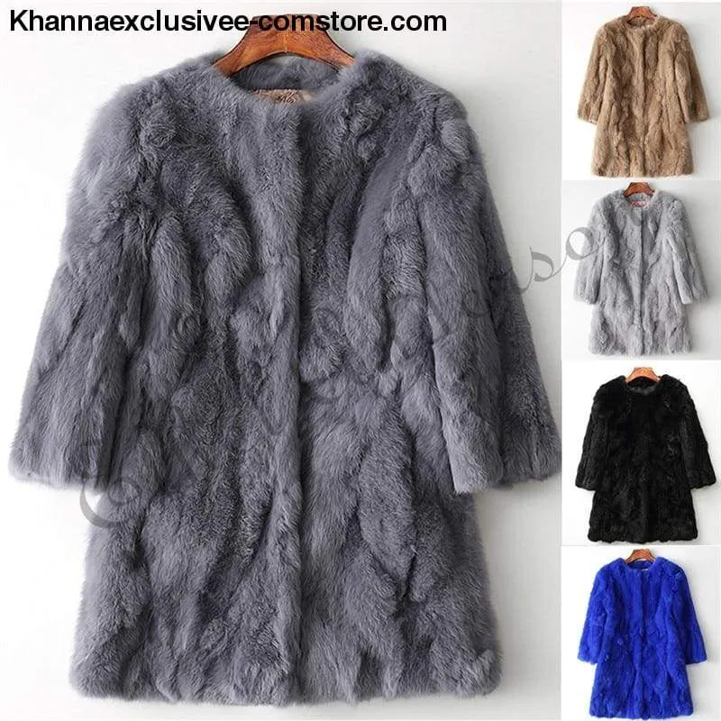 New 100% Real Rabbit Fur Coat Women's O-Neck Long 3/4 Sleeves Vintage Leather Fur Jacket