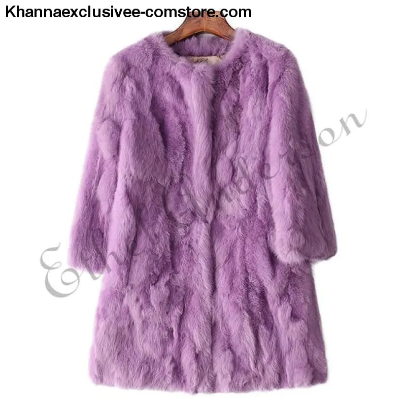 New 100% Real Rabbit Fur Coat Women's O-Neck Long 3/4 Sleeves Vintage Leather Fur Jacket