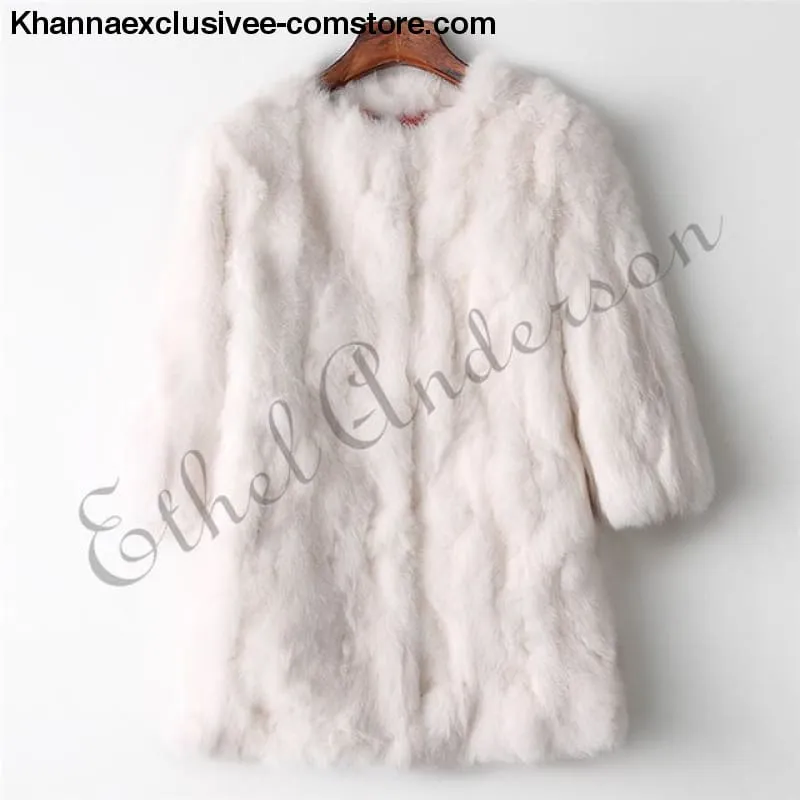 New 100% Real Rabbit Fur Coat Women's O-Neck Long 3/4 Sleeves Vintage Leather Fur Jacket
