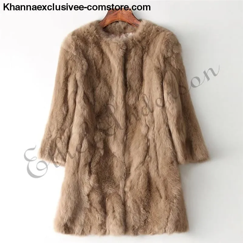 New 100% Real Rabbit Fur Coat Women's O-Neck Long 3/4 Sleeves Vintage Leather Fur Jacket