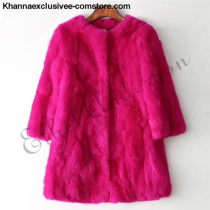 New 100% Real Rabbit Fur Coat Women's O-Neck Long 3/4 Sleeves Vintage Leather Fur Jacket