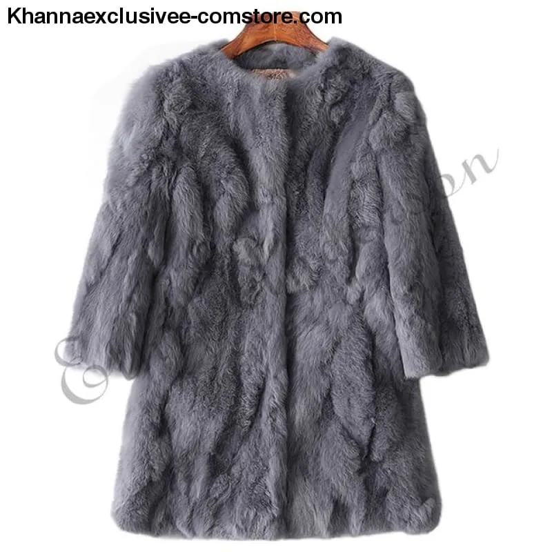 New 100% Real Rabbit Fur Coat Women's O-Neck Long 3/4 Sleeves Vintage Leather Fur Jacket