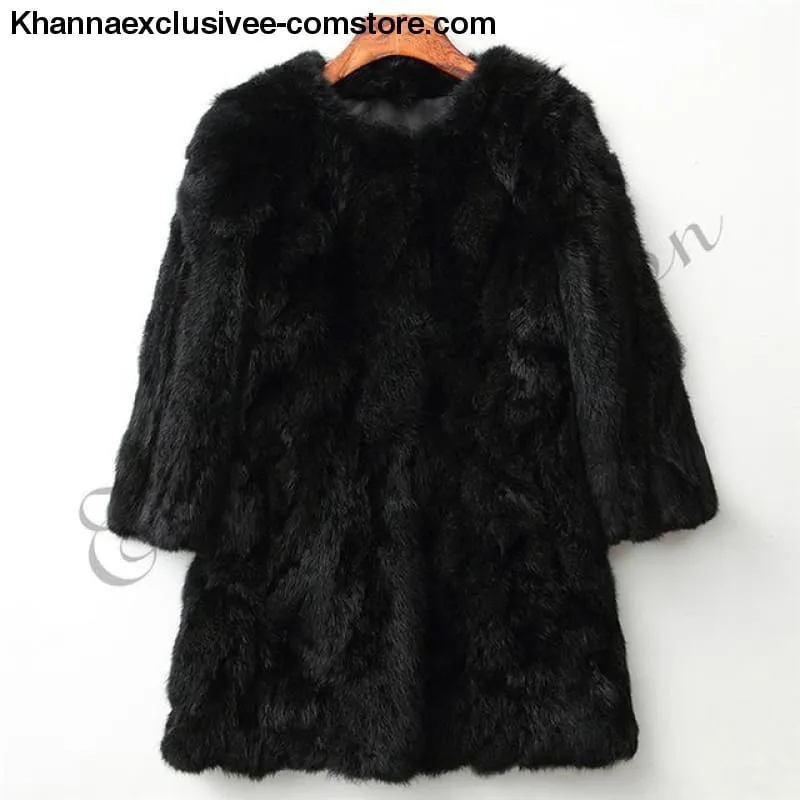 New 100% Real Rabbit Fur Coat Women's O-Neck Long 3/4 Sleeves Vintage Leather Fur Jacket