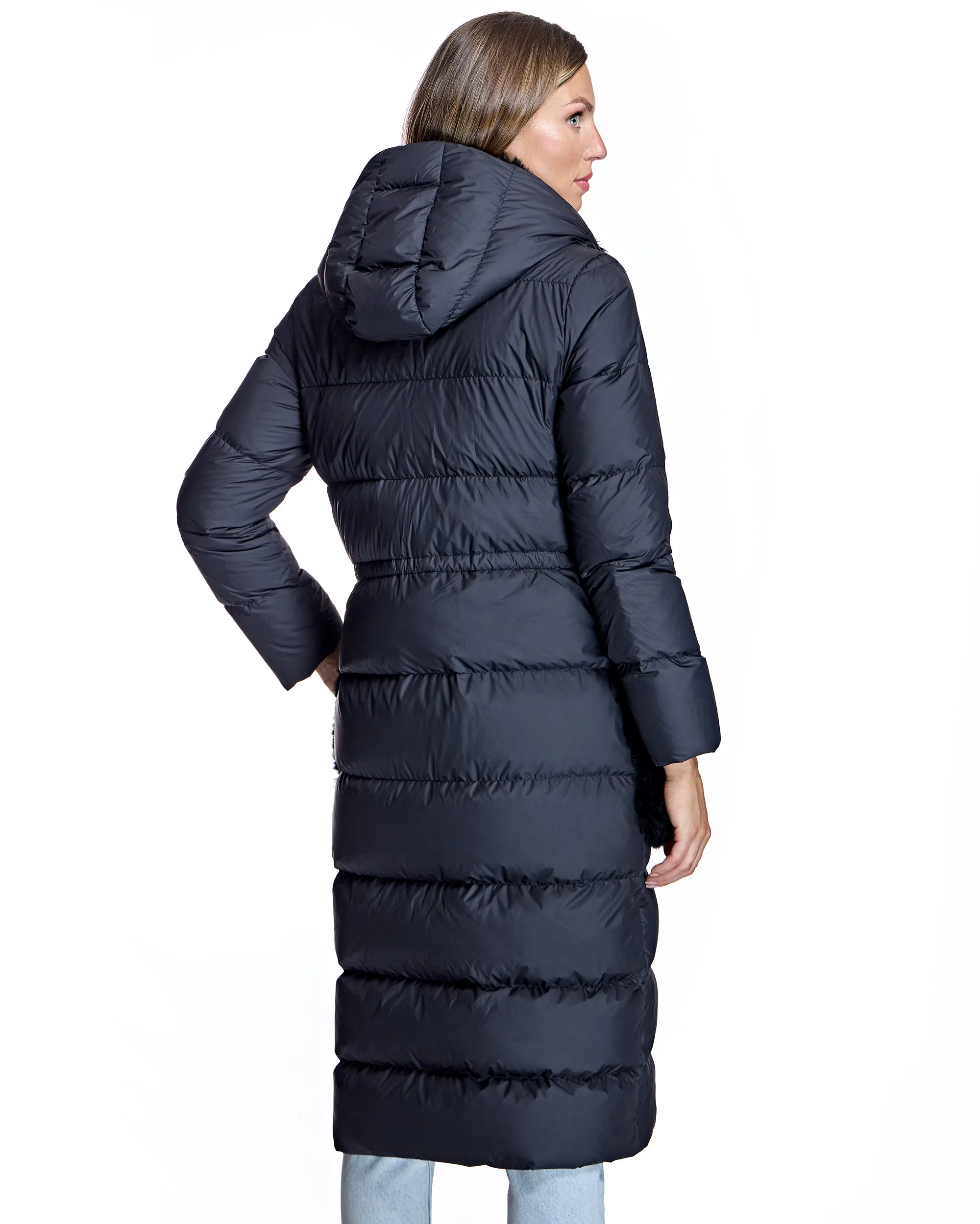 Nylon Down Filled Coat with Goat Trims