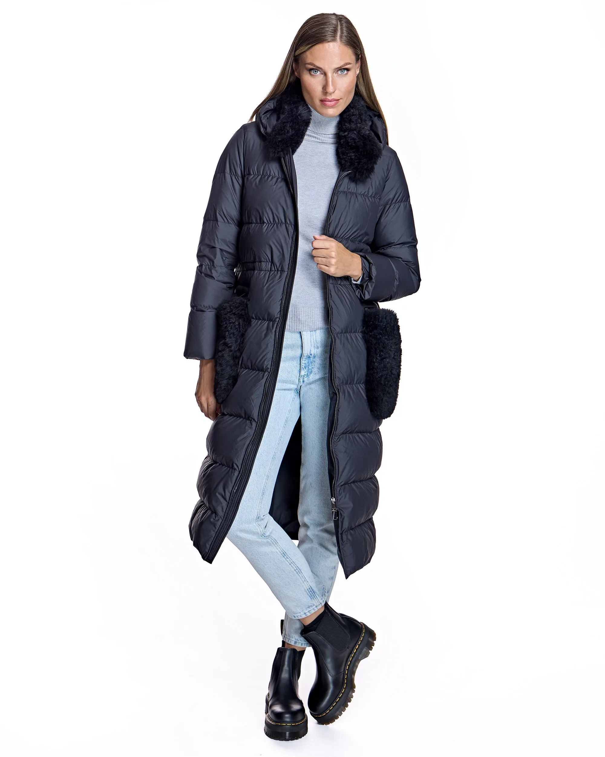 Nylon Down Filled Coat with Goat Trims