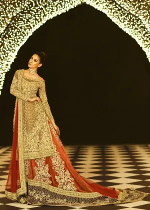 Pakistani bridal embroidered lehnga in gold and maroon color # B3369