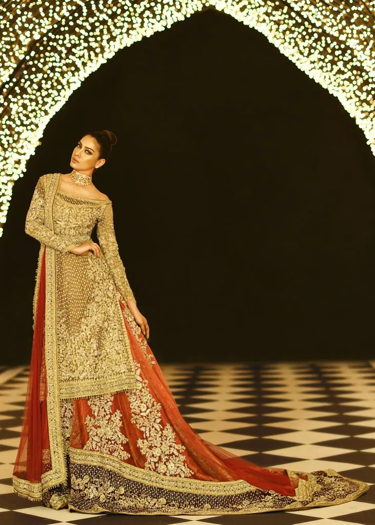 Pakistani bridal embroidered lehnga in gold and maroon color # B3369